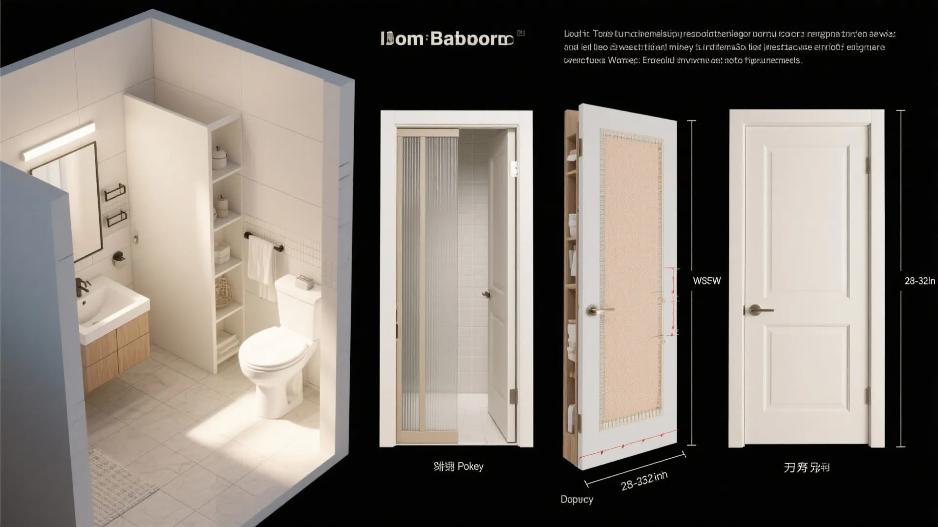 Top-down visualization comparing sliding, pocket, hinged, and Dutch doors with clearance and hardware notes.