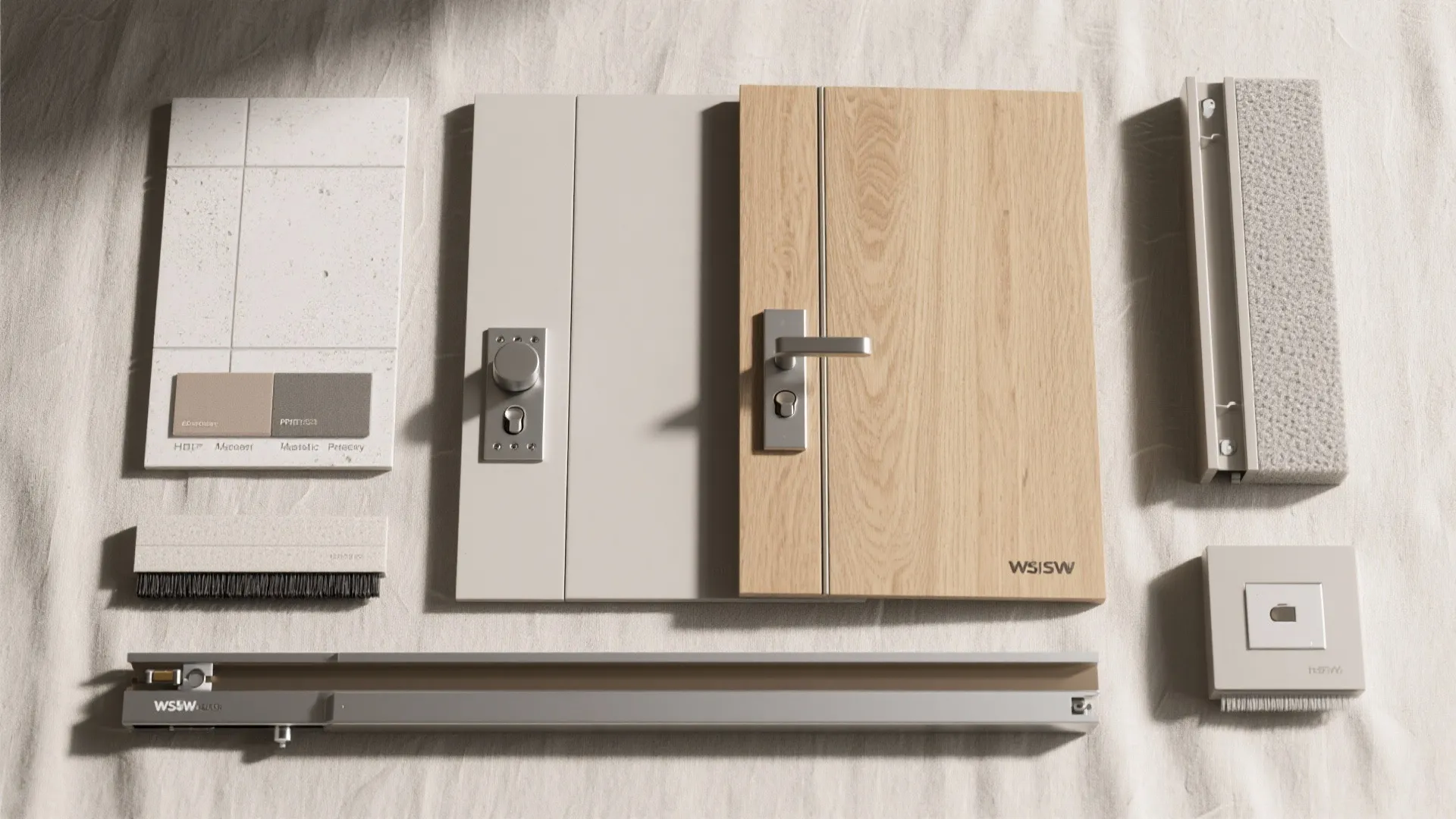 Flat lay of interior door samples showing wooden and grey finishes with metal handles hardware