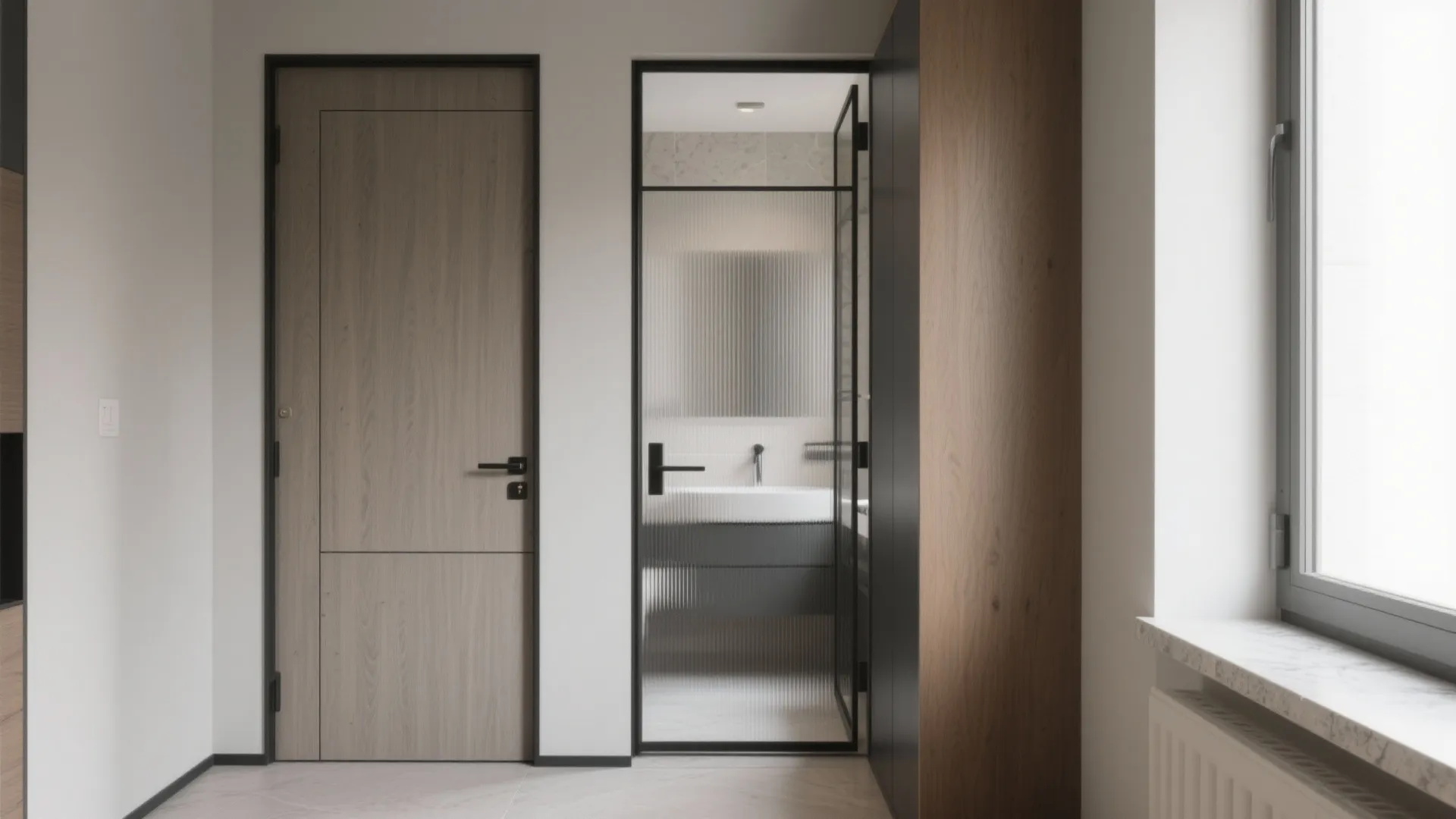 Modern interior showing a solid wood door and a glass door leading into a bathroom