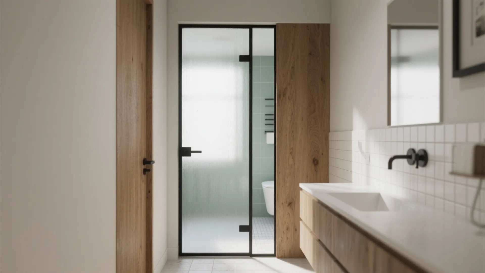 Modern bathroom interior with glass door wooden cabinet white sink black faucet and green tiles
