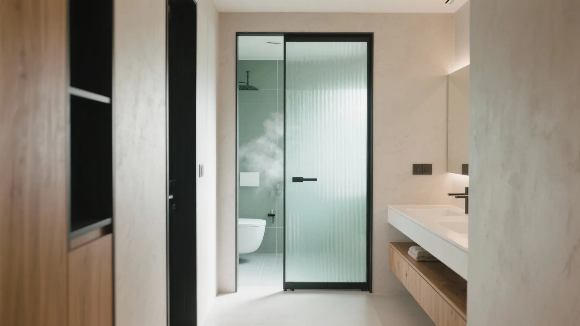 Modern bathroom with frosted glass sliding door green wall tiles white toilet and wooden sink