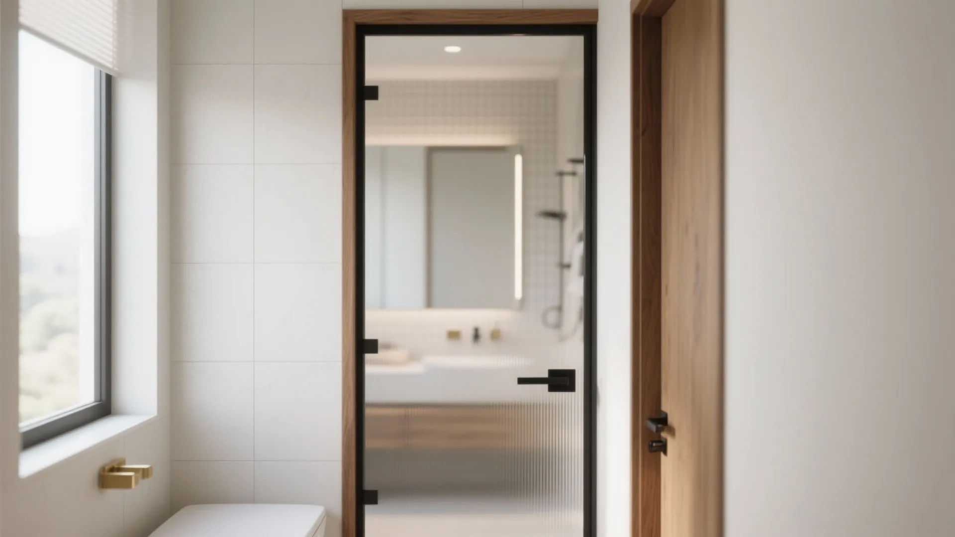 Looking through a black framed glass door into a bright bathroom with white tile walls