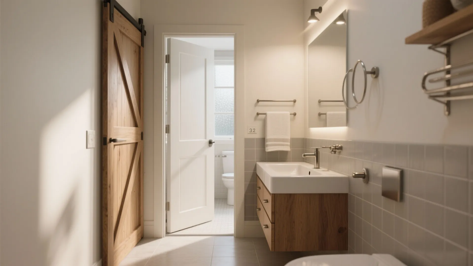 Modern bathroom featuring a wooden sliding barn door white open door and wood bathroom cabinet