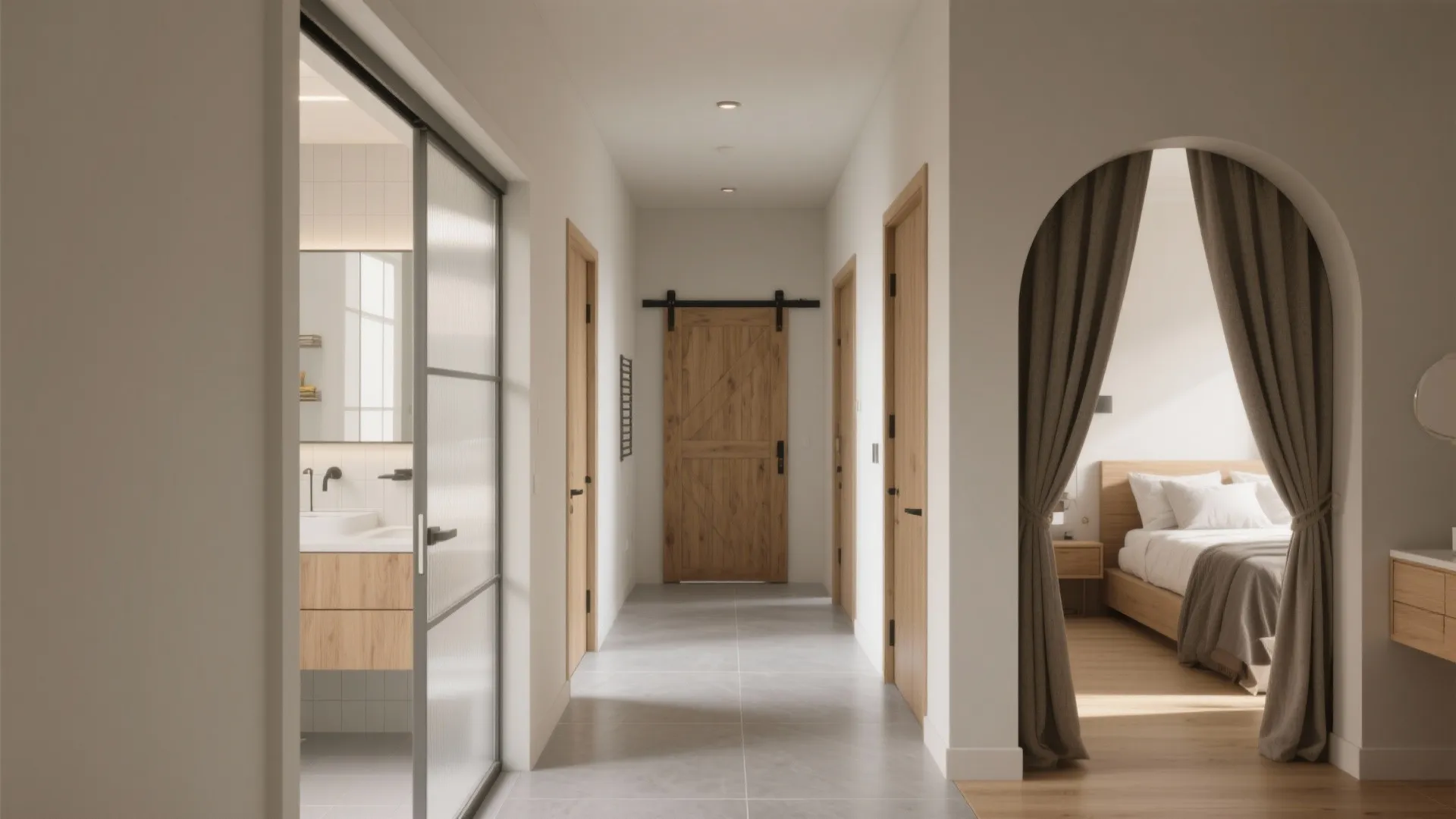 White hallway featuring wooden doors glass bathroom entrance and bedroom view through an arched doorway