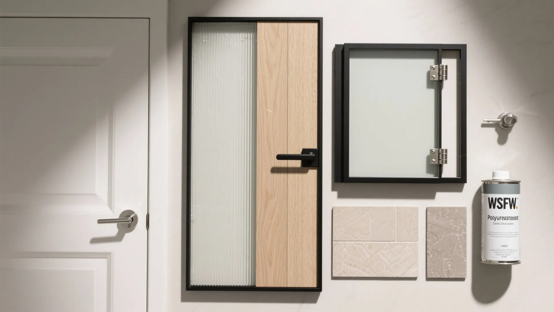 Flatlay of bathroom door materials including frosted and reeded glass, slat wood, black frame, and hardware.