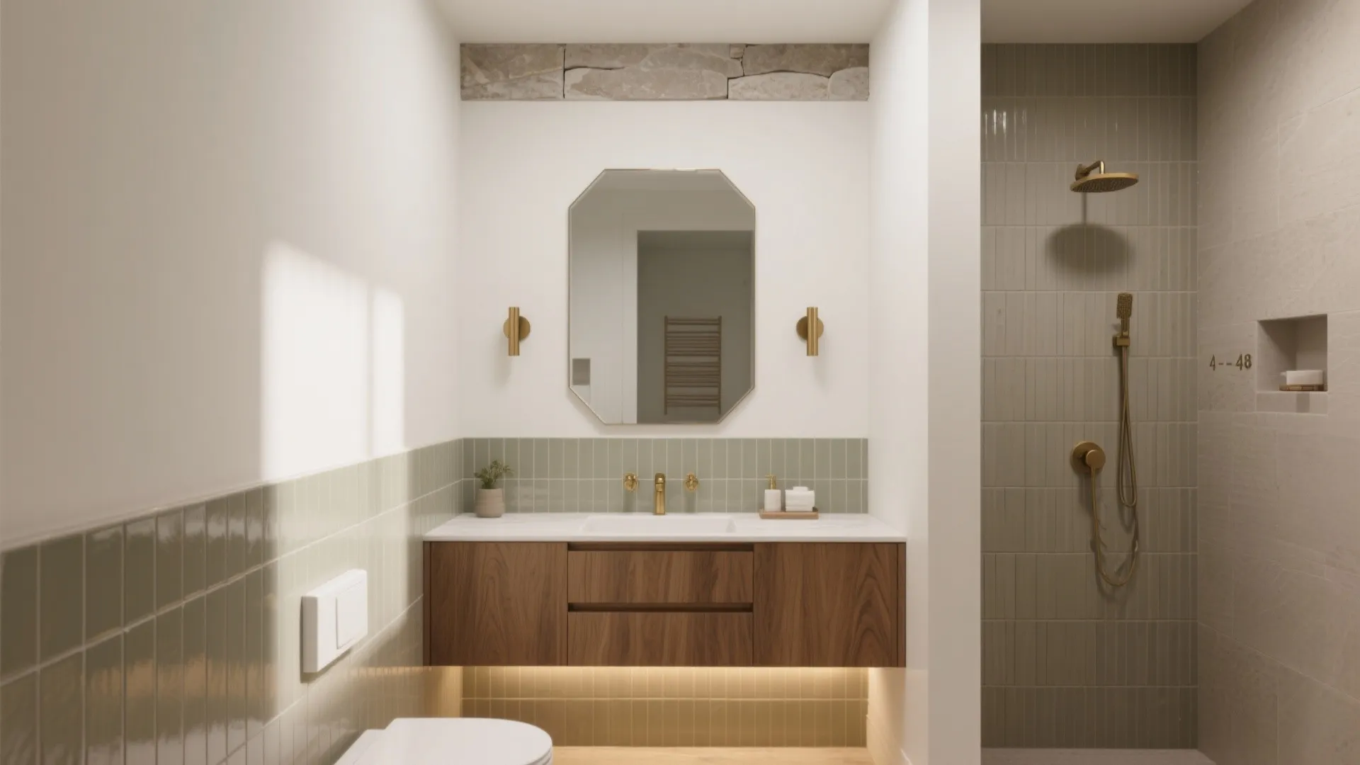Interior design drawing of bathroom with wood cabinet green wall tiles shower and octagon mirror
