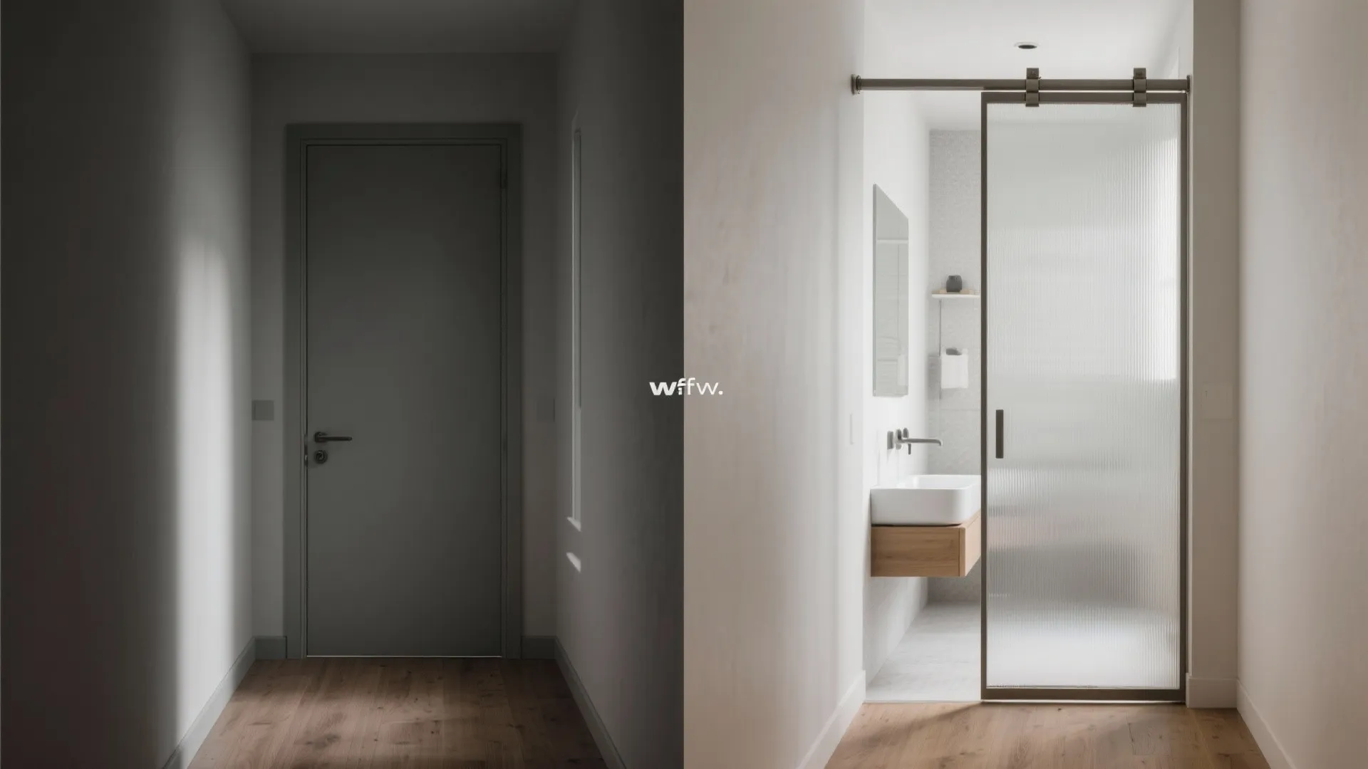 Before and after of a small bathroom entrance showing solid door replaced by a frosted sliding gate.