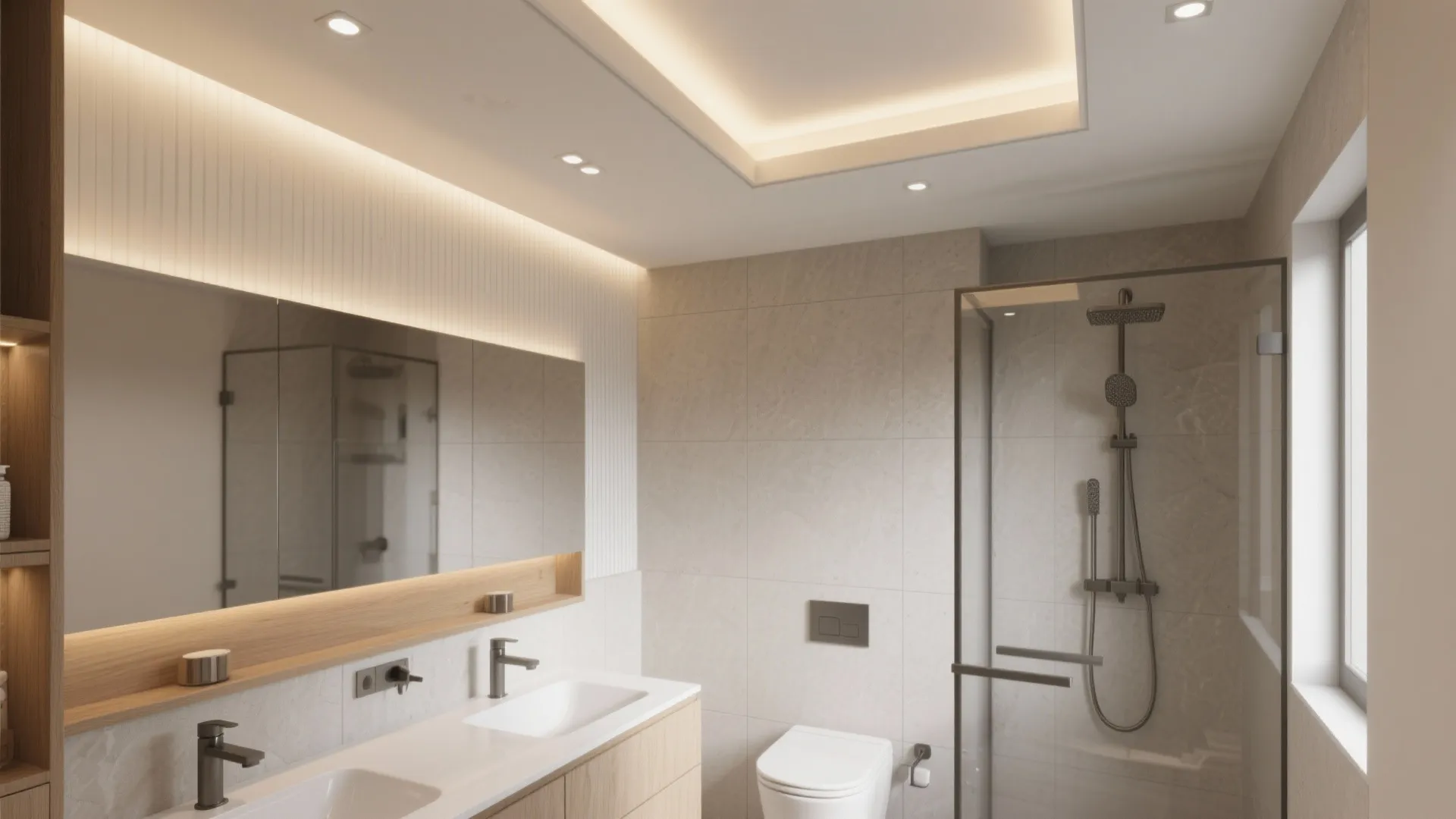Bright bathroom with glass shower door plus double sinks and light strips on the ceiling