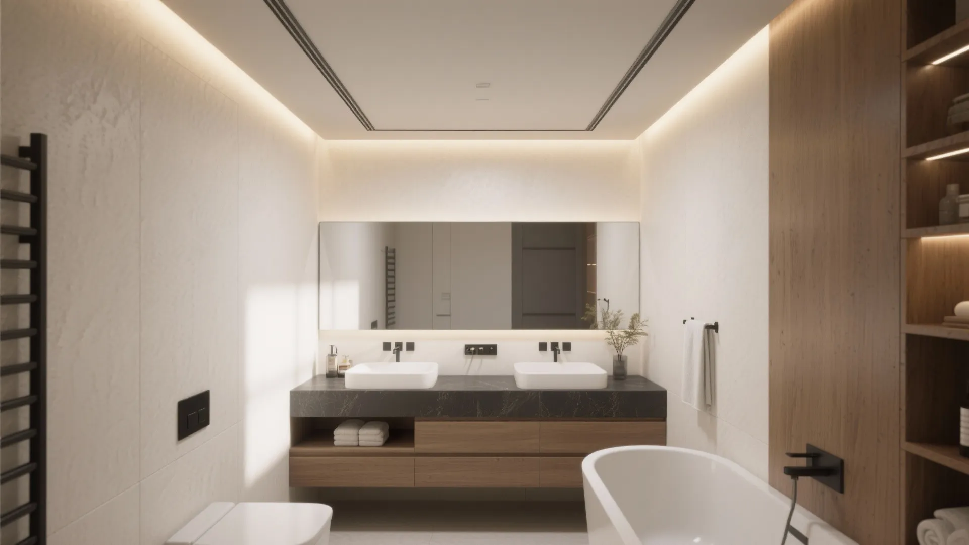 Modern bathroom with double white sinks and dark stone counter over wooden cabinets and bathtub