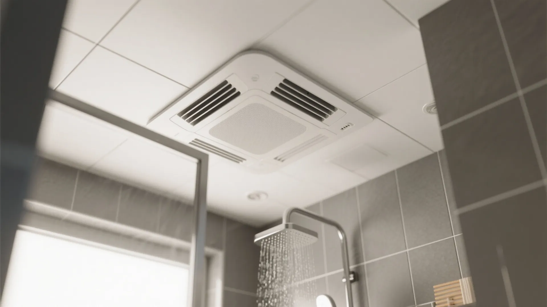 White bathroom ceiling vent above a shower head with grey tiles and glass shower door
