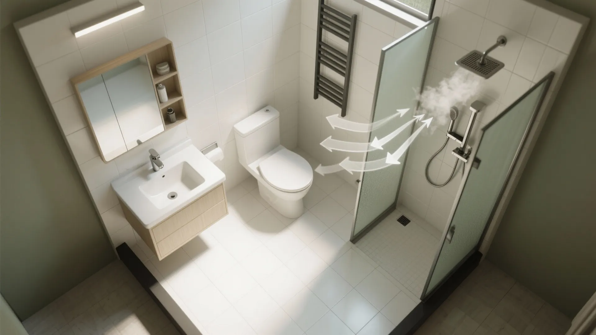 Top view of white bathroom showing arrows for air flow moving steam away from shower