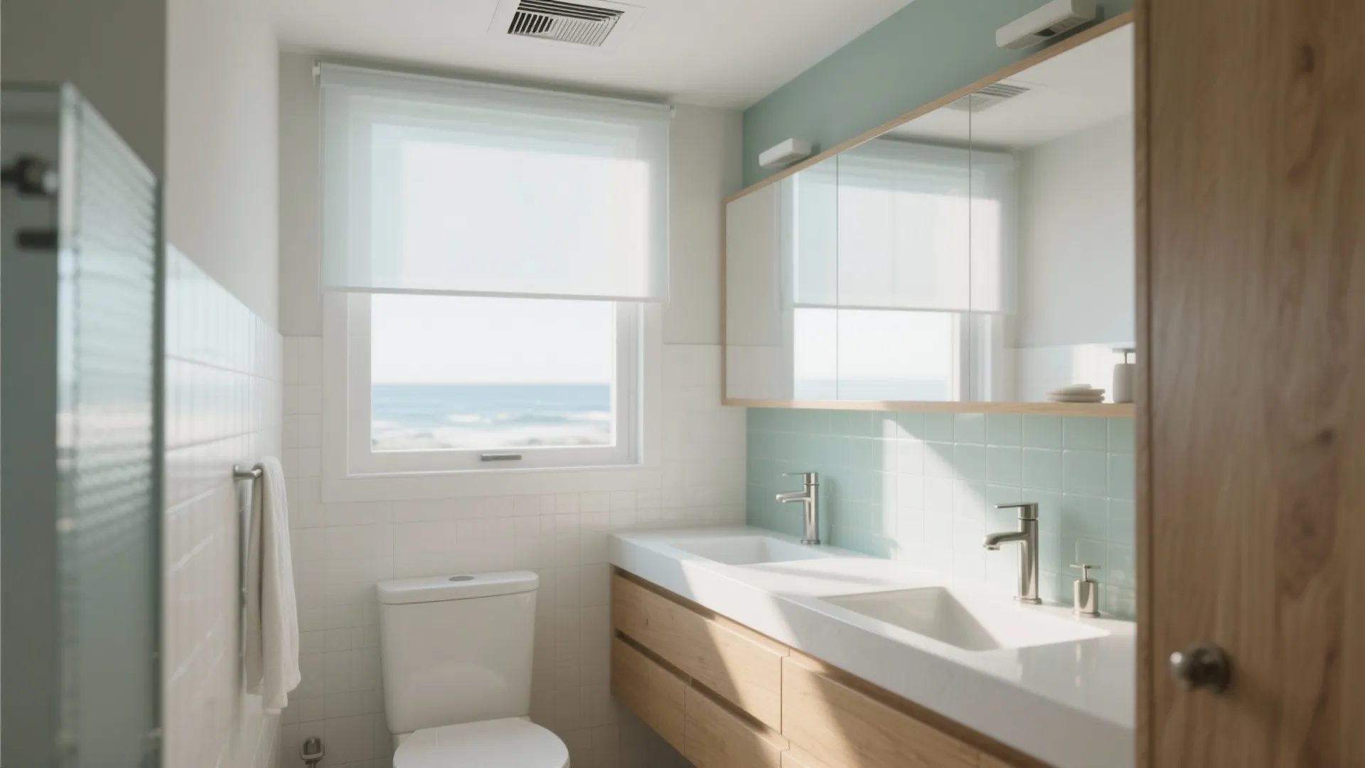 Bathroom with double sink wooden cabinet large mirror and window showing view of the ocean