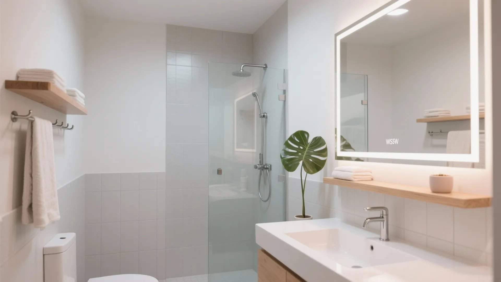 Bright bathroom with glass shower door white sink lighted mirror toilet and wooden wall shelves