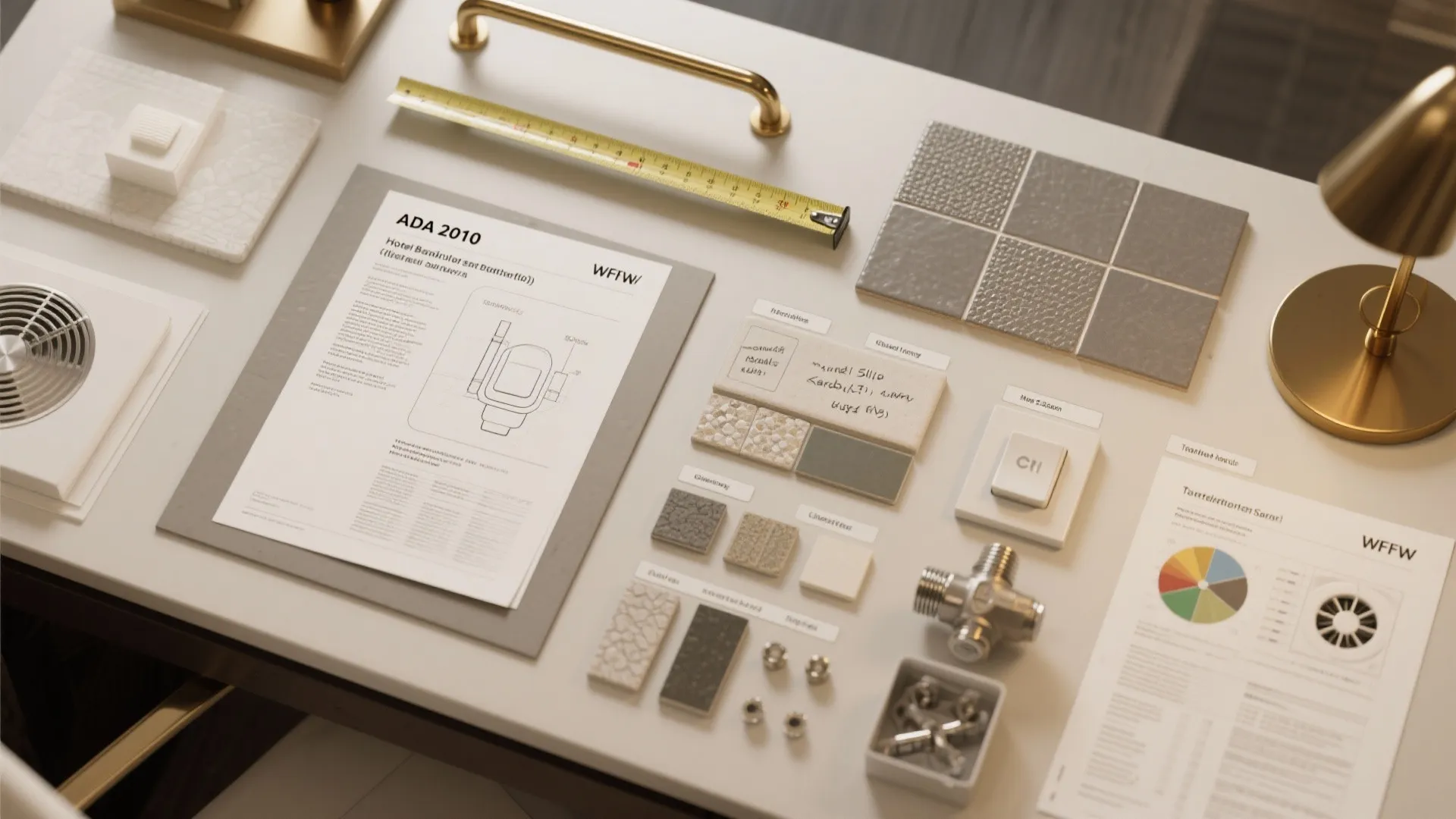 Table with bathroom design papers tiles tape measure gold light and material samples for renovation