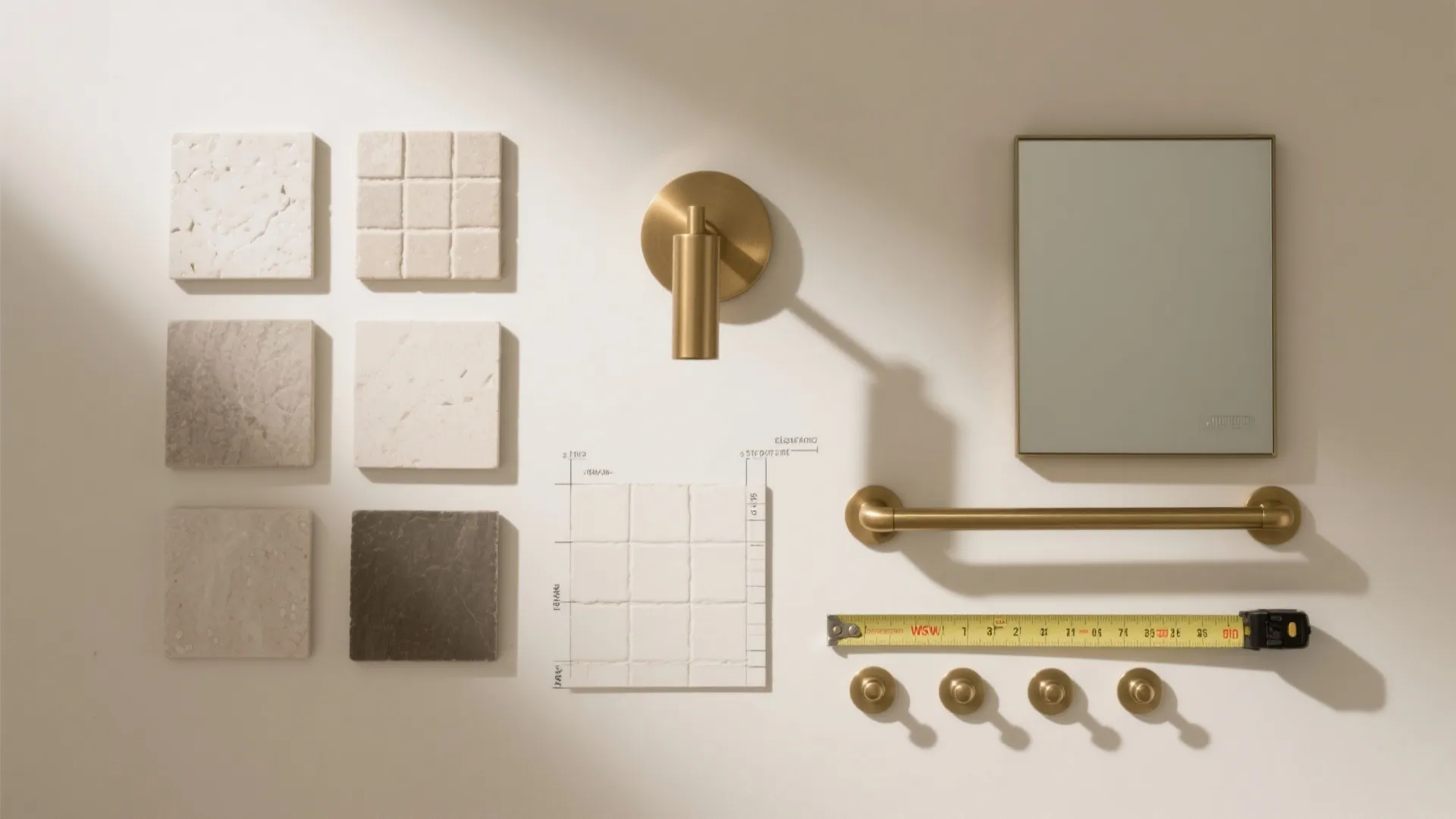 Bathroom design mood board with stone tiles gold towel bar mirror tape measure and hardware