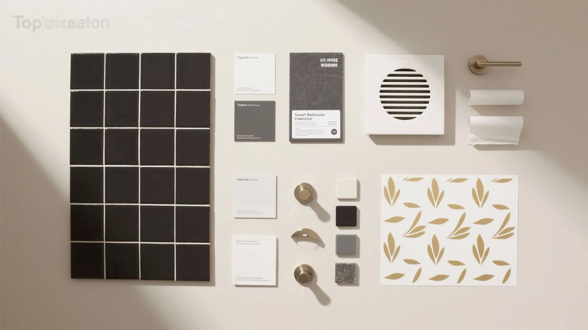 Flat lay of porcelain tile, moisture-rated paint swatches, vent cover, removable hardware, and peel-and-stick decals.