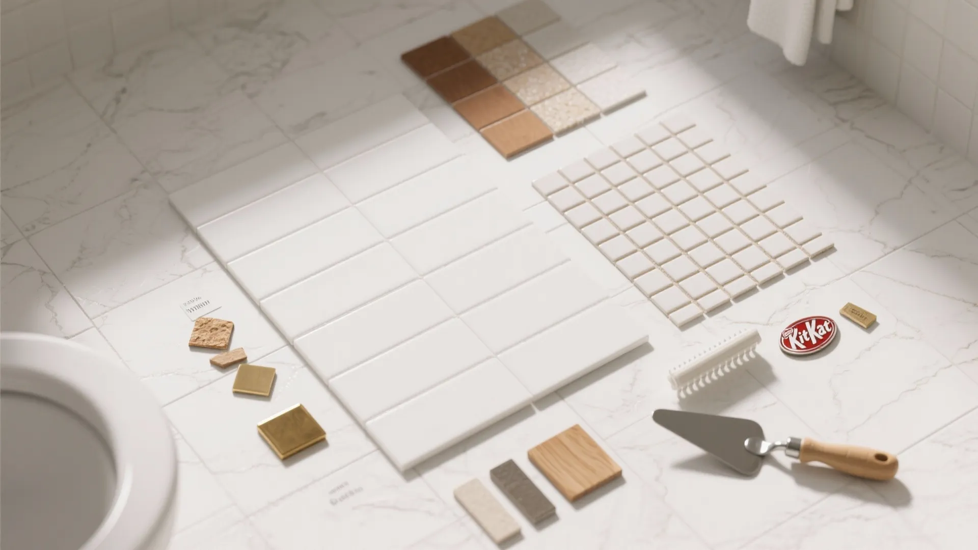 Various white bathroom wall tiles wood samples and a tool on light marble look floor