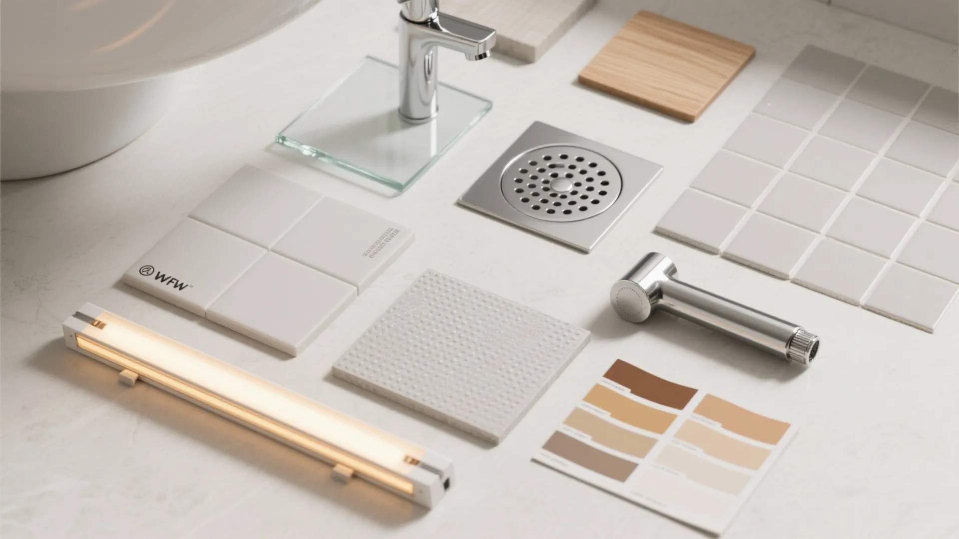 Flat lay of bathroom materials including tiles wood samples floor drain faucet and color palette cards