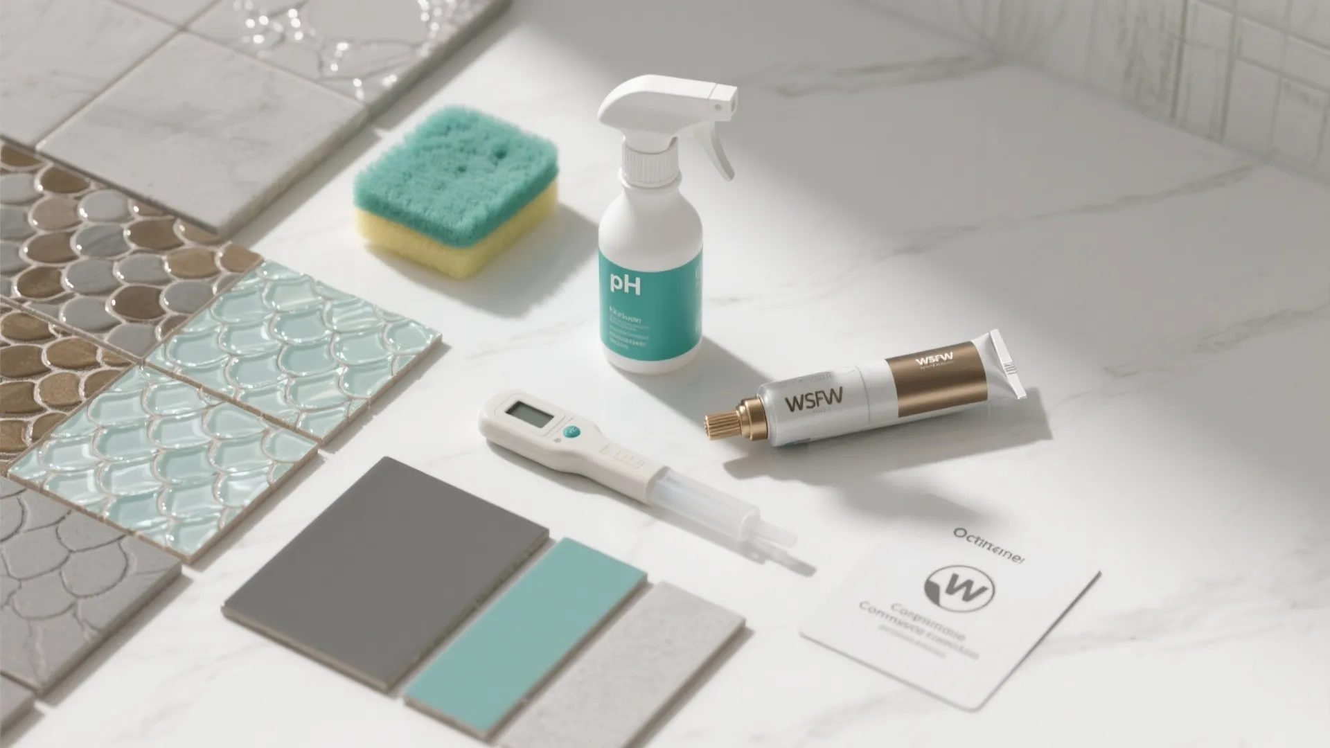 Cleaning supplies including green sponge spray bottle and tiles on a white marble stone surface