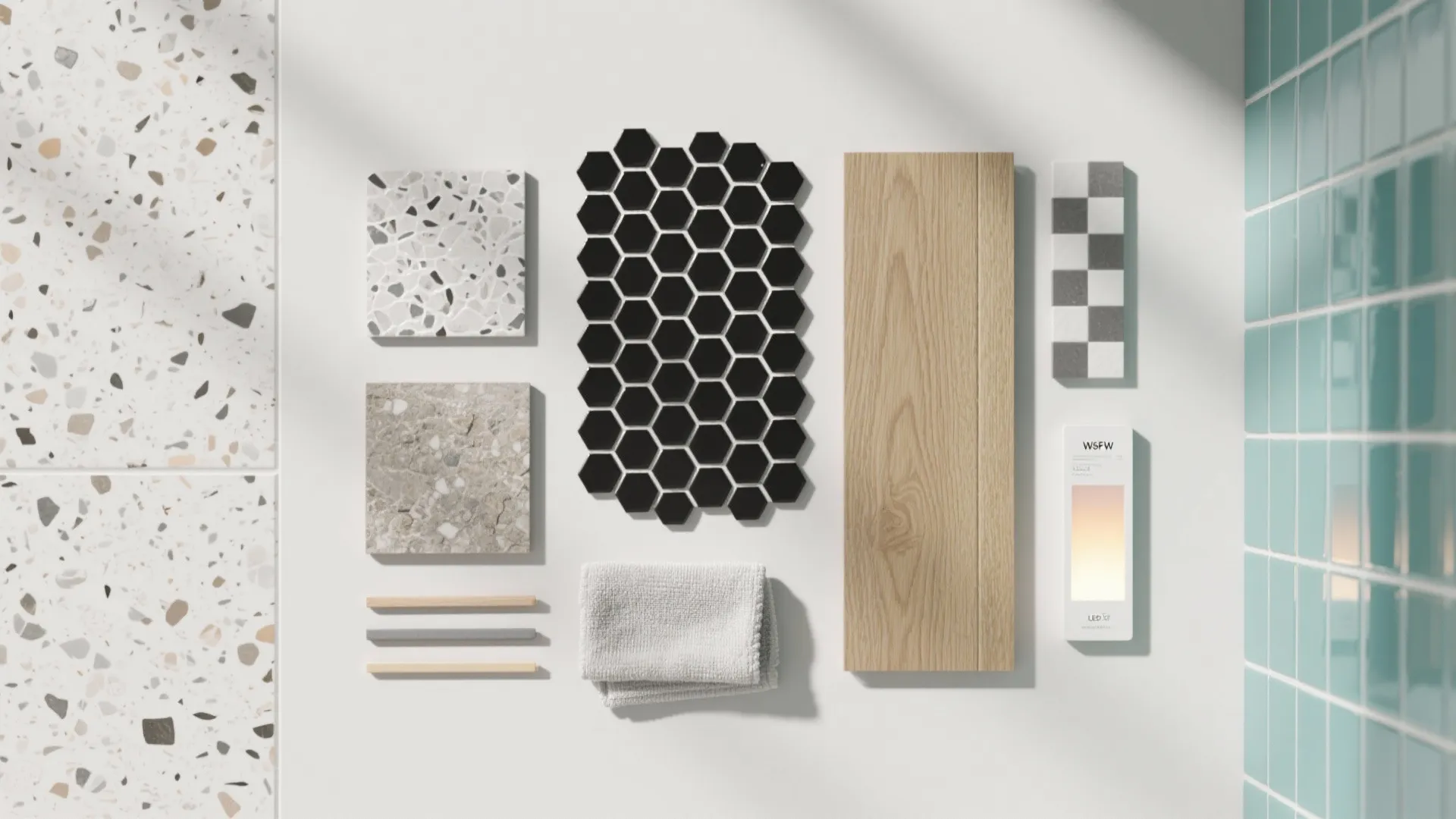 Interior design mood board with hexagon tiles wood planks stone samples and blue wall tiles