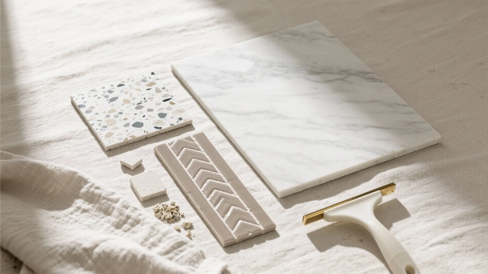White marble slab spotted tile patterned tile and white squeegee on a light fabric background