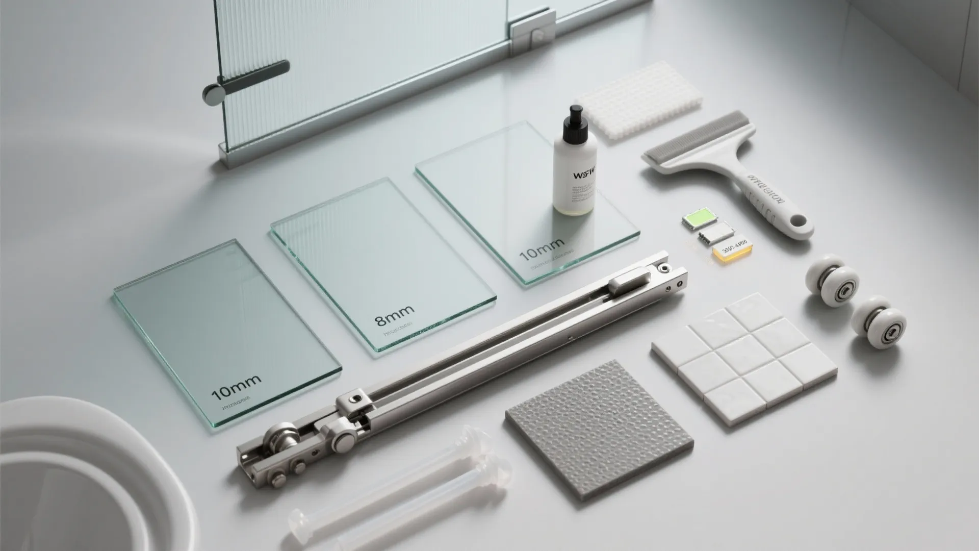 Collection of bathroom hardware items including glass panels metal rails cleaning tools and white floor tiles