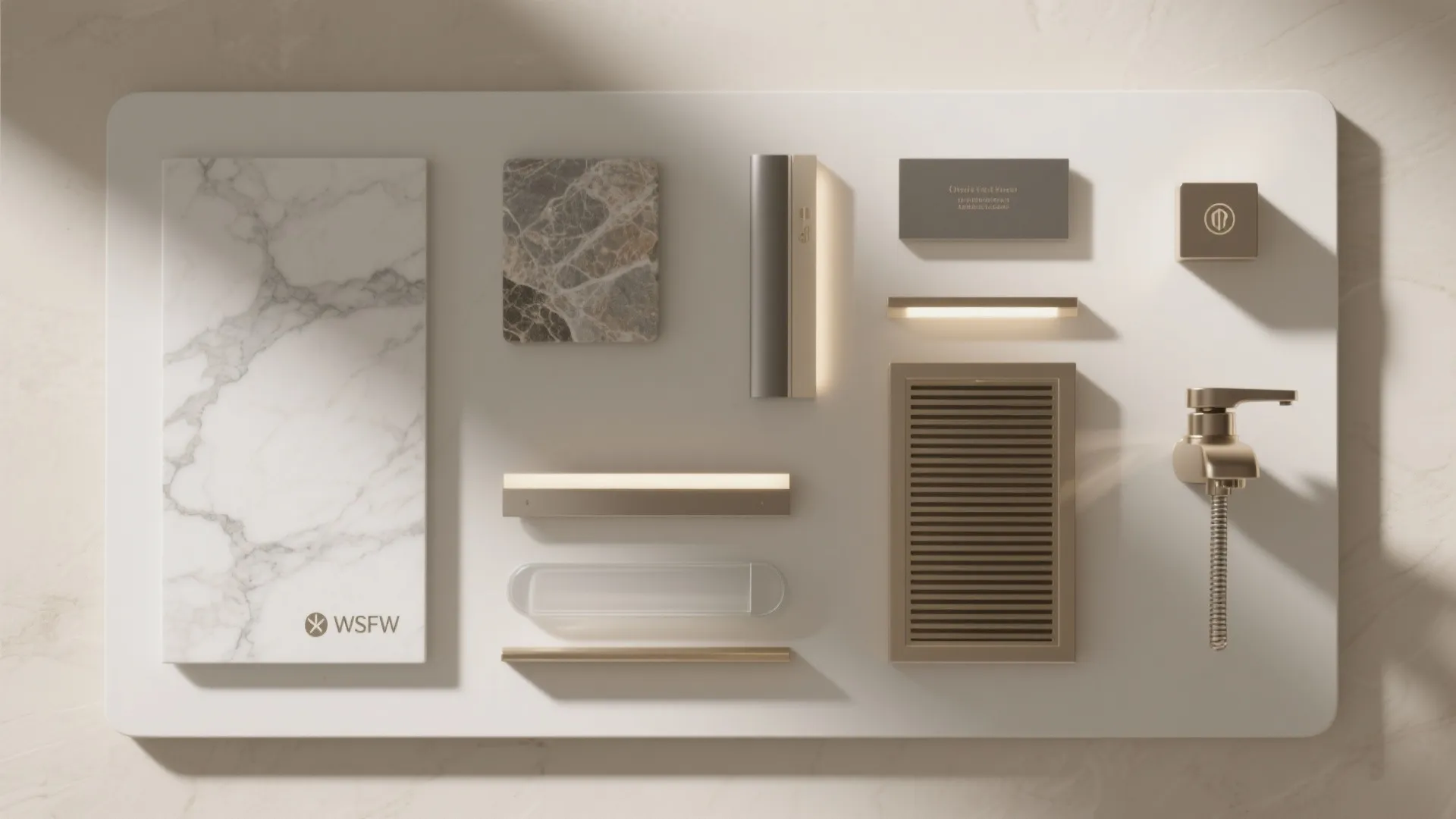 Mood board showing white marble tiles brown stone samples gold water tap and small light fixtures