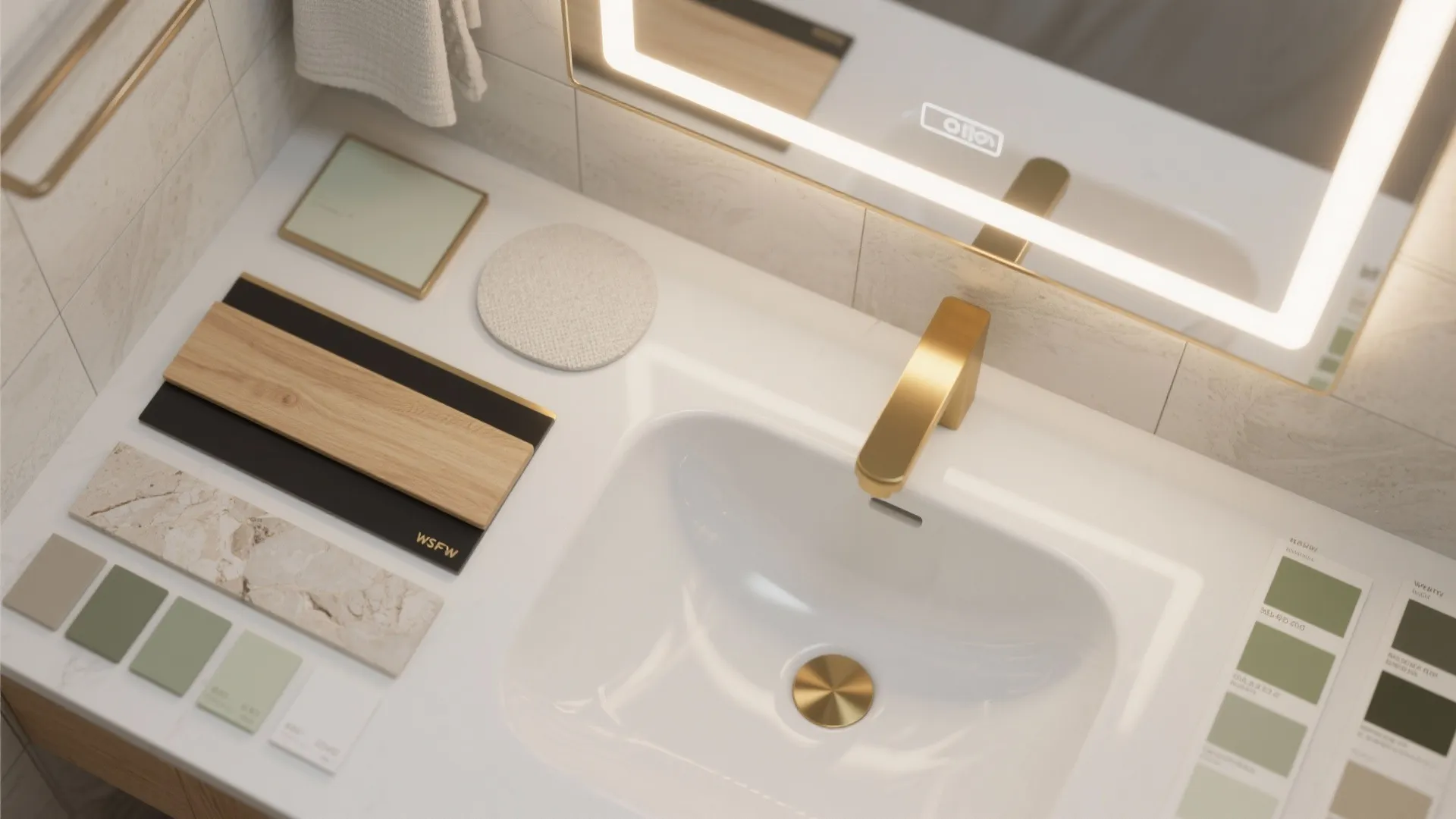 Top view of bathroom sink with gold tap and various material samples for interior design