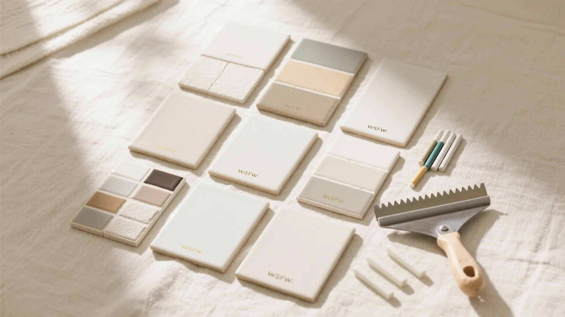 Collection of neutral bathroom tile samples and tools laid out on a light fabric surface