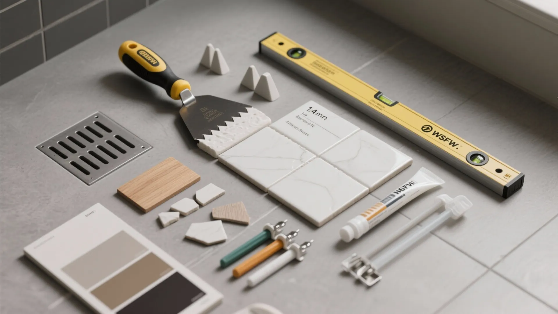 Flat lay of tiling tools, membrane swatches, tile and grout samples, and a linear drain grate for bathroom planning.