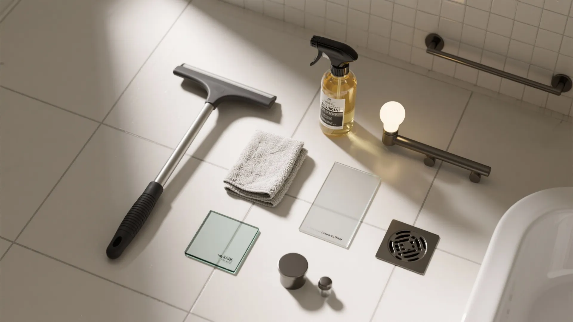 Flatlay of bathroom cleaning tools including a squeegee spray bottle cloth and small glass samples