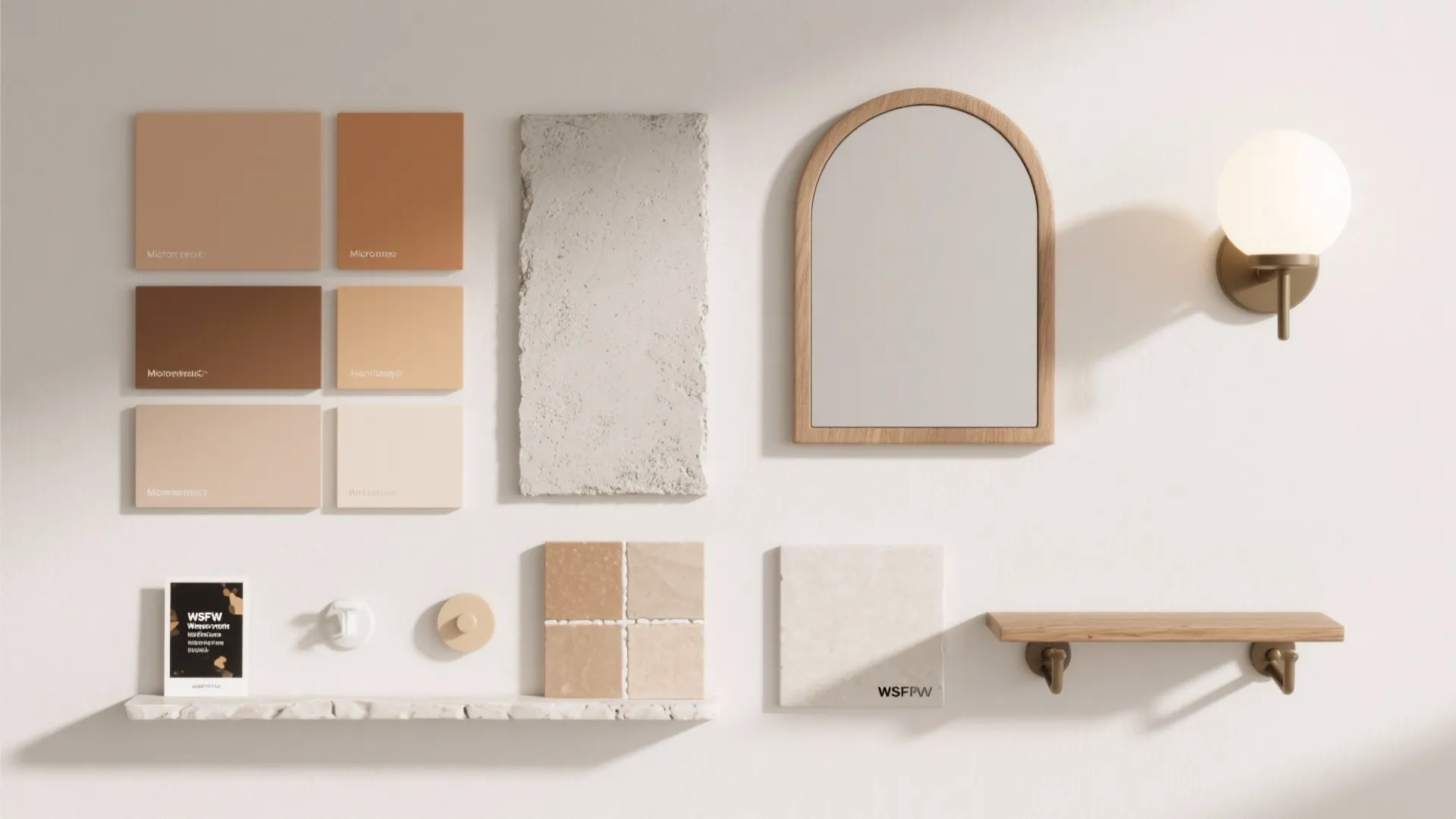 Flat lay of bathroom wall decor samples including paint, tile, microcement, mirror, sconces, and hardware