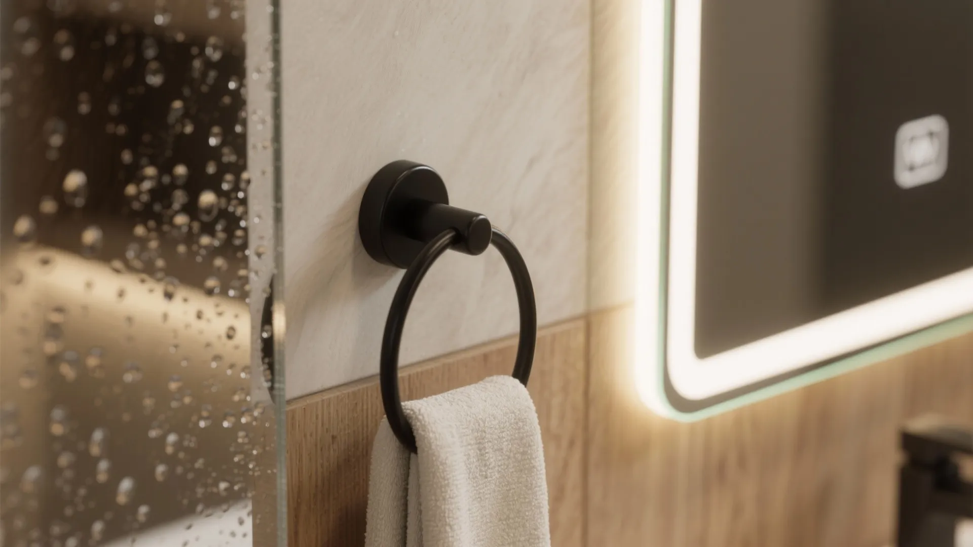 Macro detail of LED mirror glow, matte-black hook, soft towel, and water droplets on tempered glass in warm daylight.