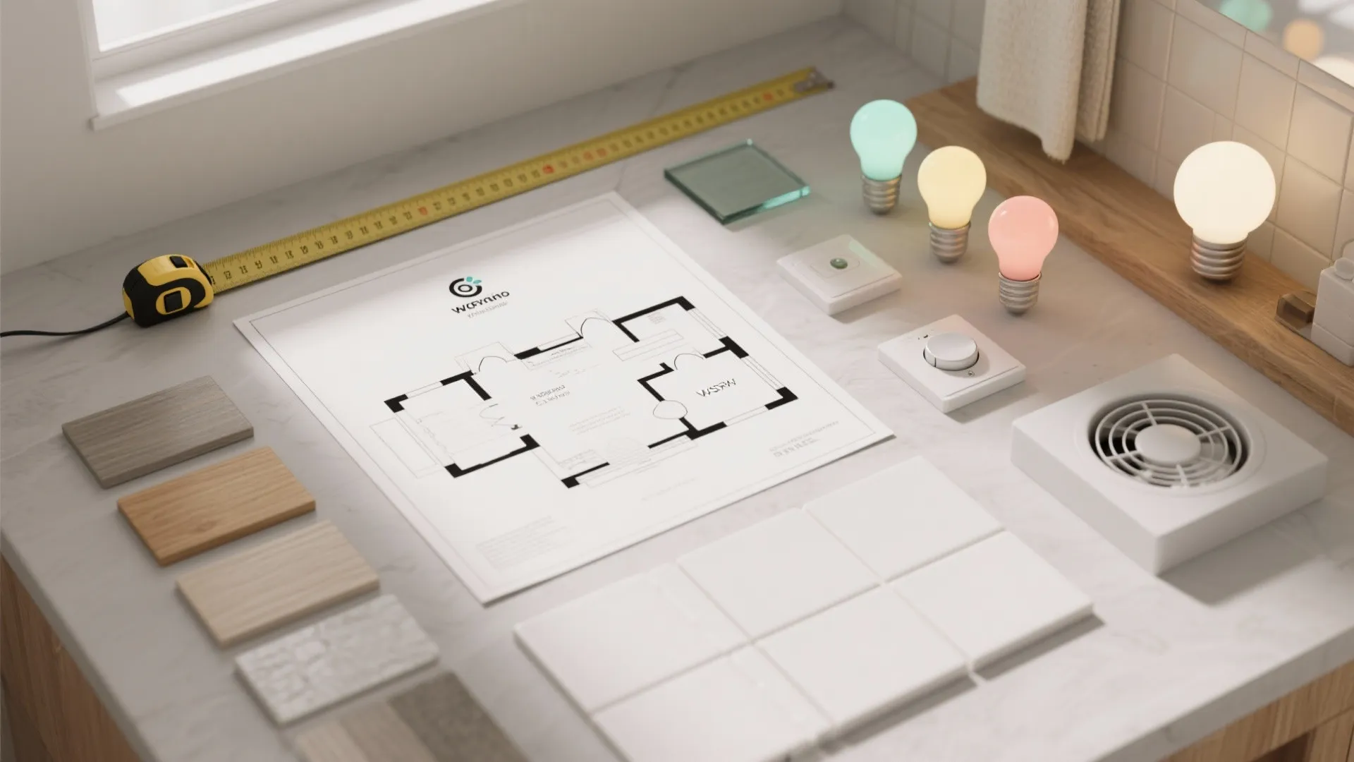 Floor plan drawing with measuring tape wood samples colored light bulbs and bathroom ventilation fan