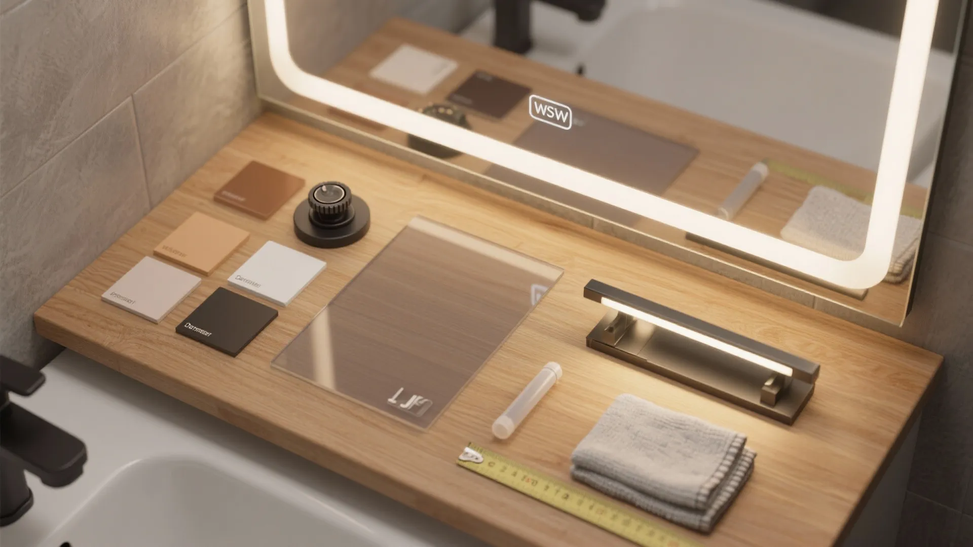Wooden bathroom vanity surface with color swatches, measuring tape, light fixture, towel, and lit mirror