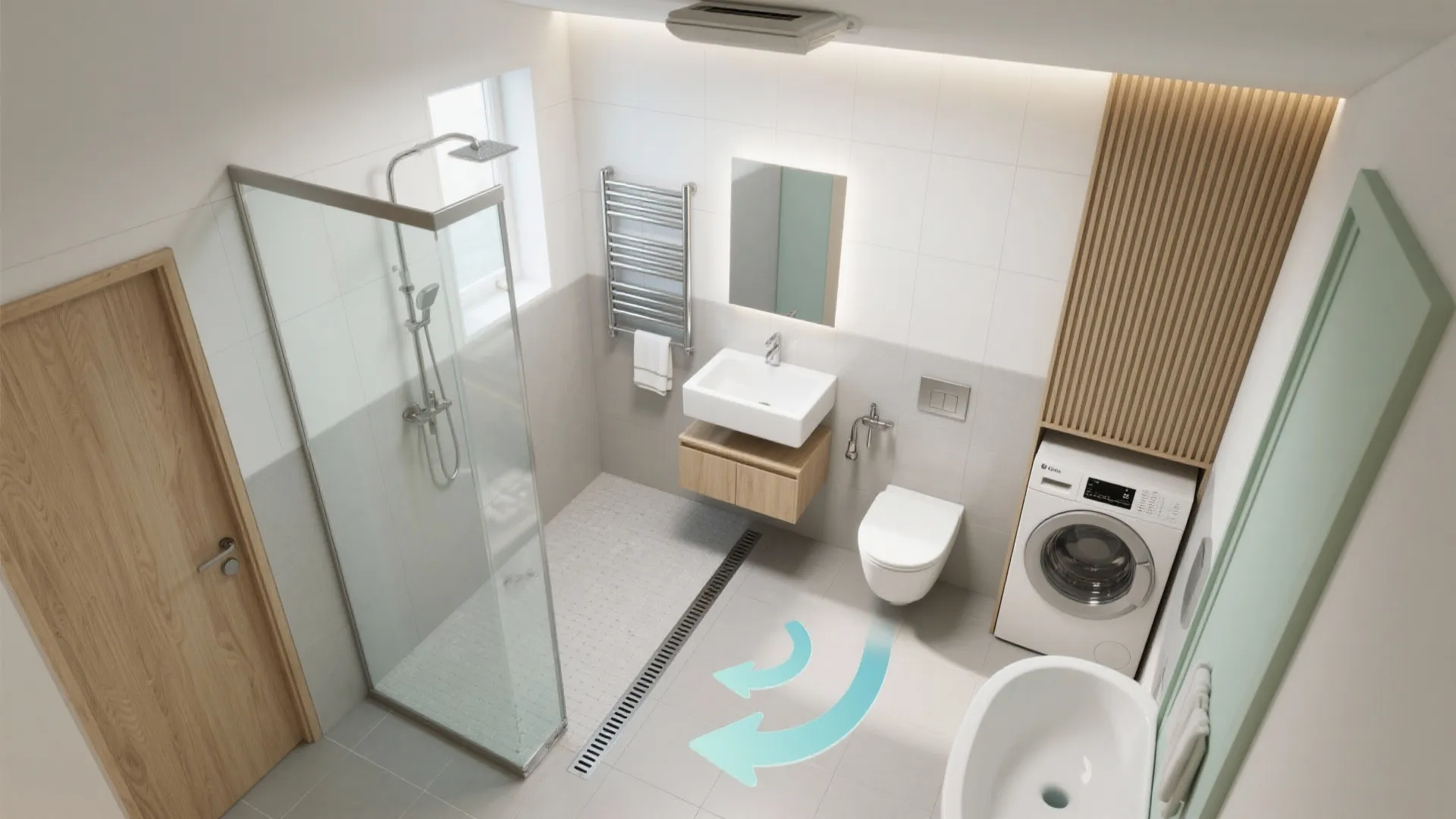 Modern bathroom interior design drawing with shower toilet washing machine and blue arrows showing airflow