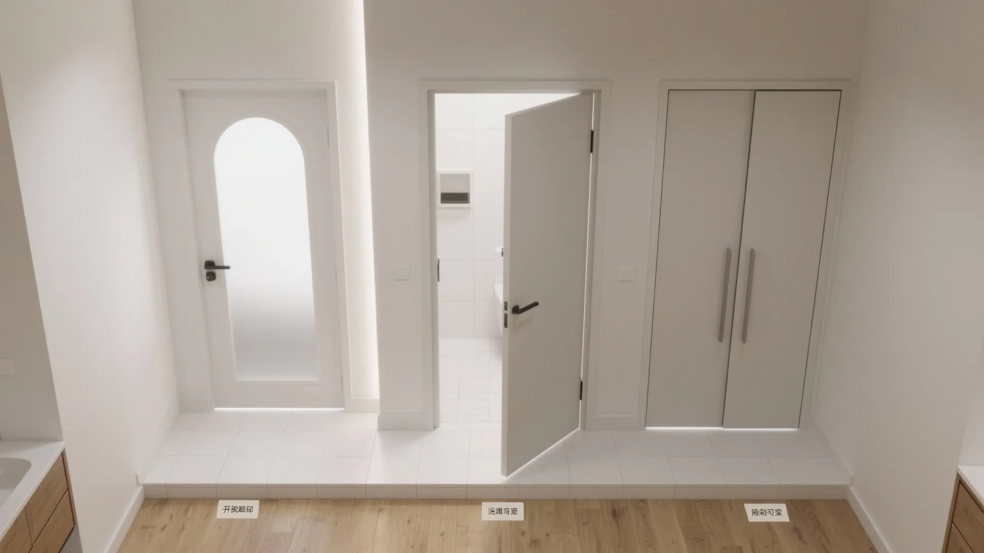 Interior design drawing showing three white doors including an arched glass door and bathroom entrance