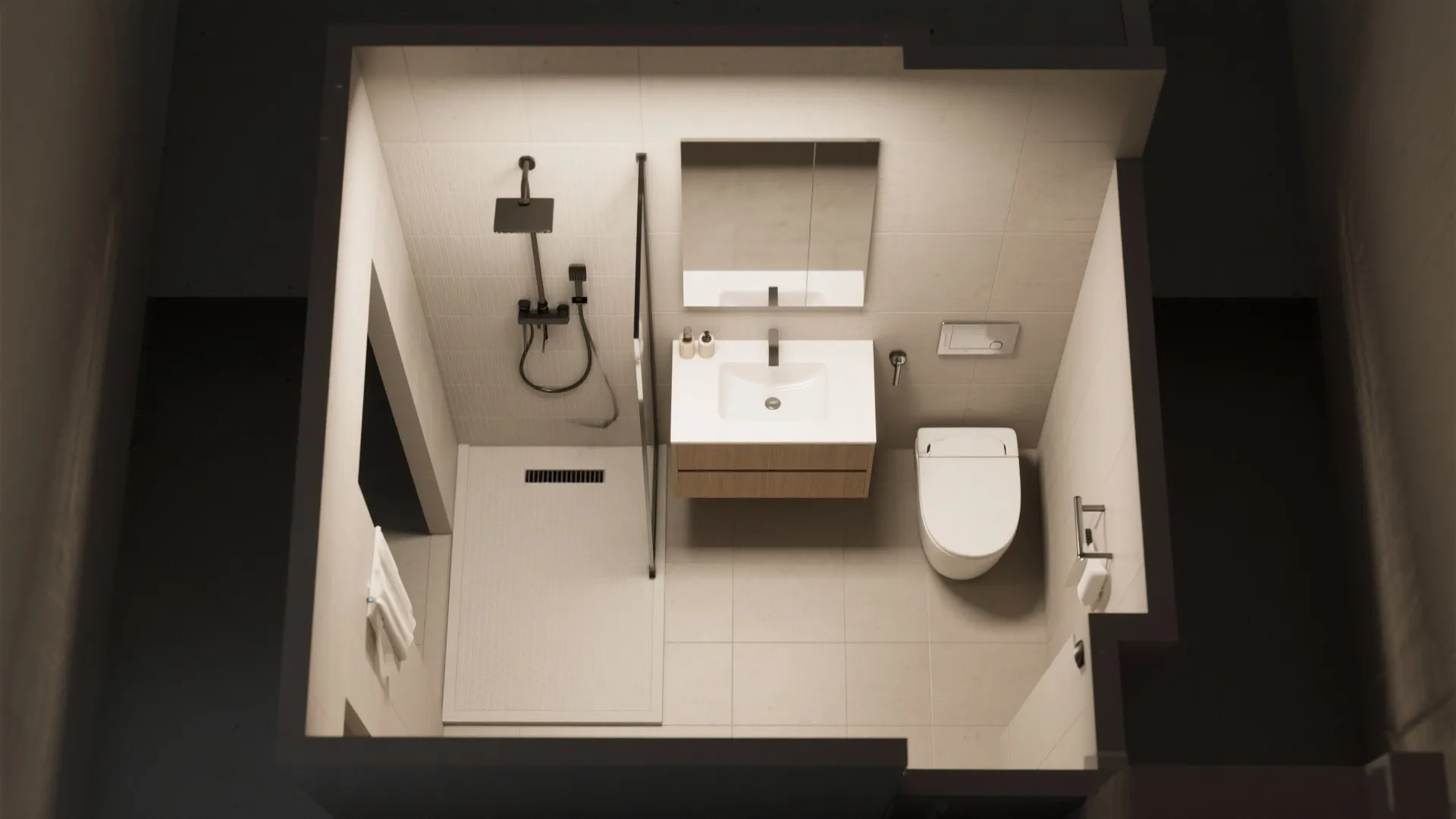 Top view of a small bathroom layout including a walk-in shower sink mirror and toilet