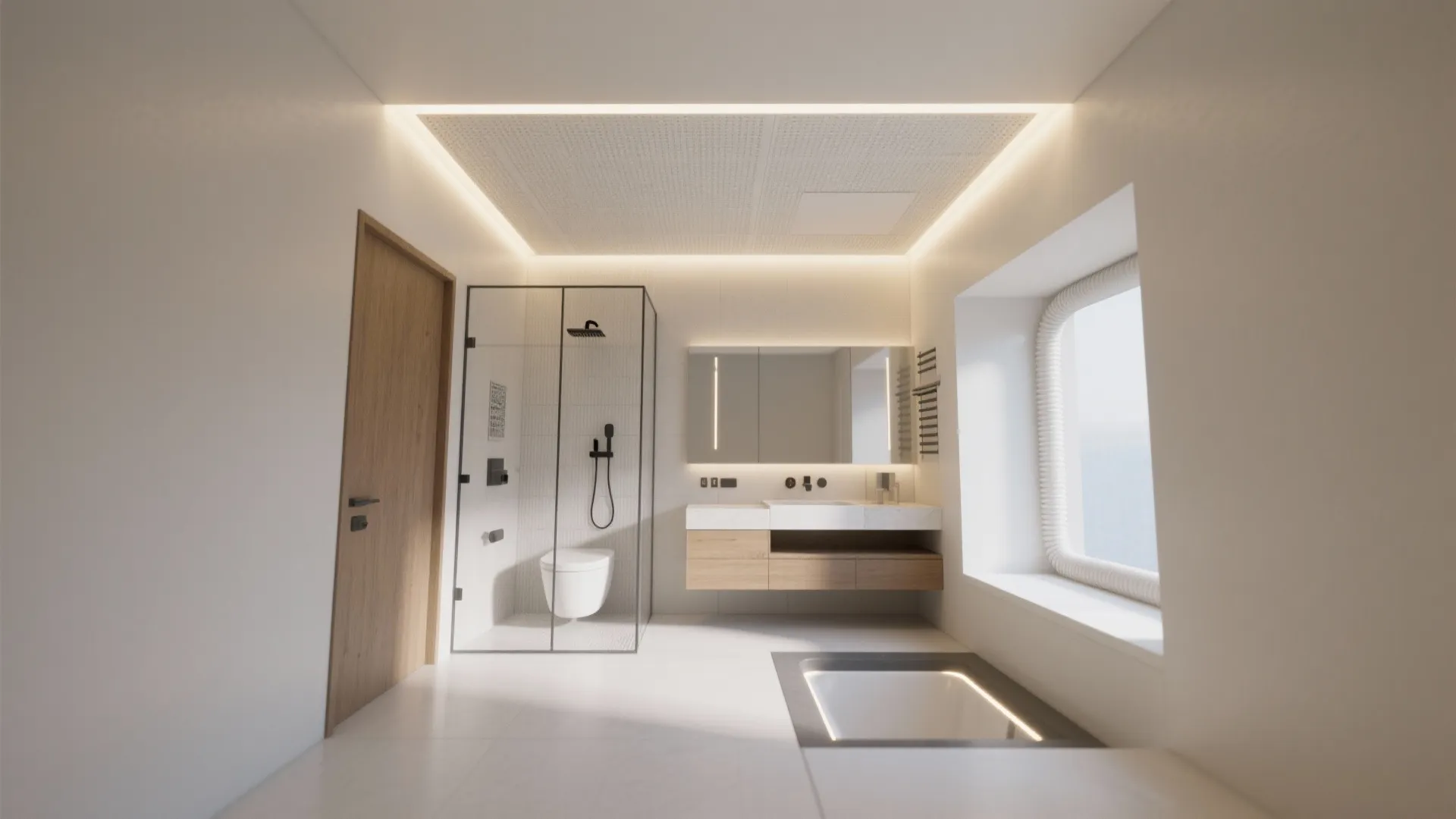 Minimalist bathroom layout with wood door glass shower toilet vanity sink large window floor light