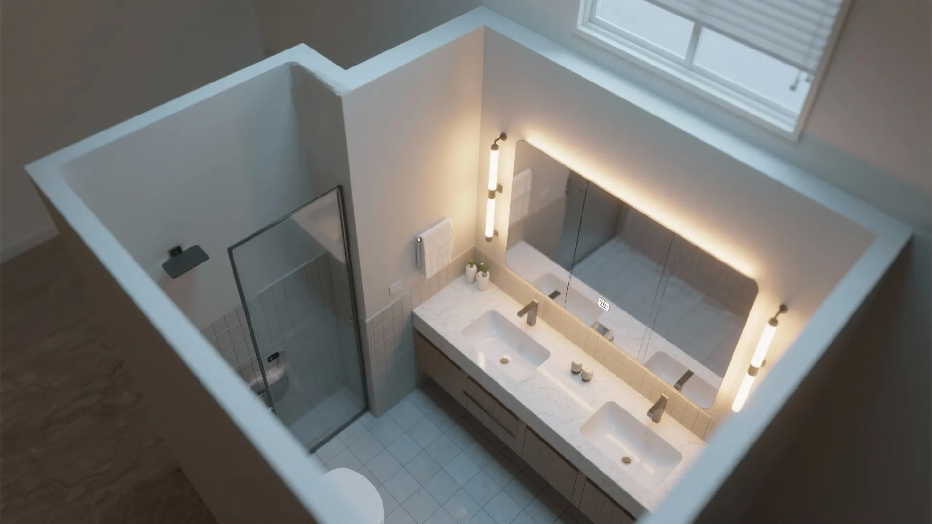 Aerial interior design drawing of a bathroom with double sink vanity and glass shower door