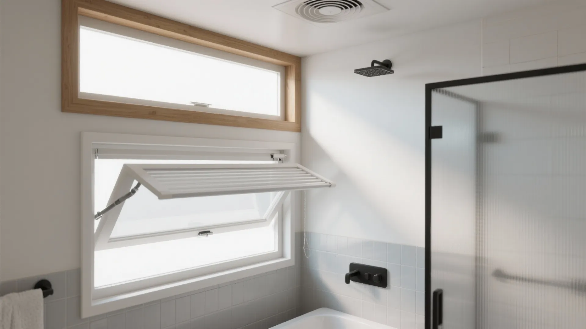 Modern white bathroom featuring an open window with shutters, black shower head, and tiled walls