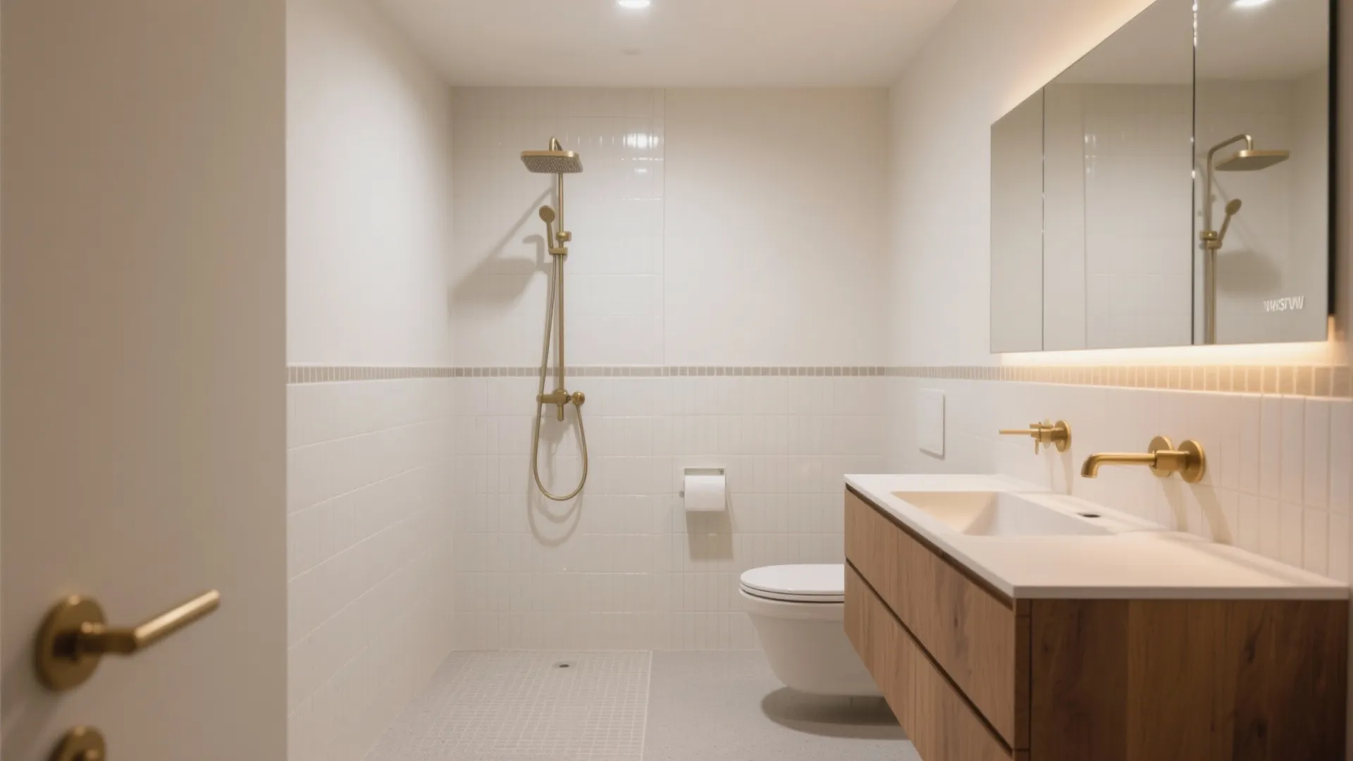 Modern bathroom with white wall tiles wooden cabinet gold light fixture toilet and walk-in shower