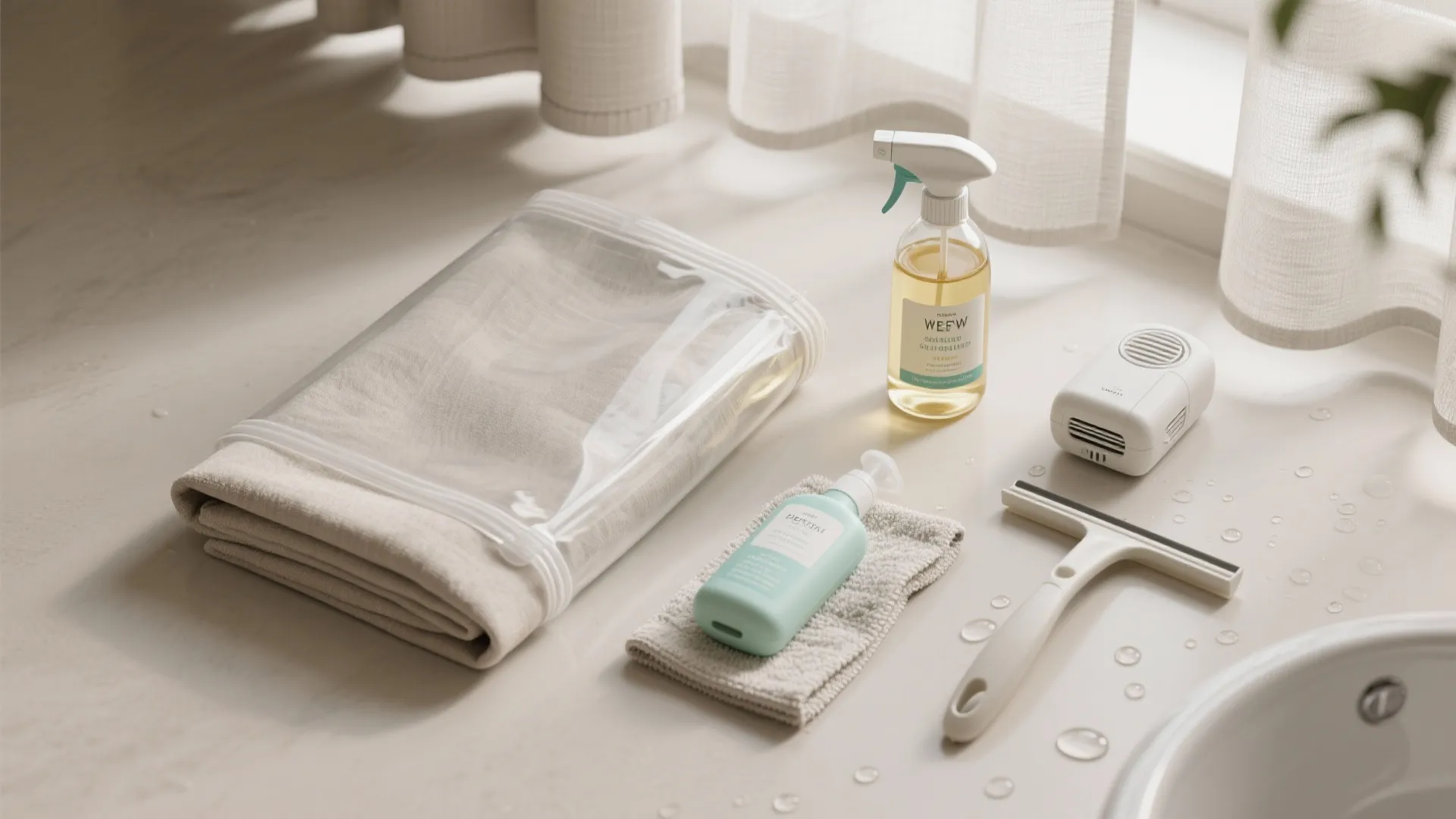 Clean bathroom counter with folded towel, spray bottle, small pump bottle, white squeegee, and sink
