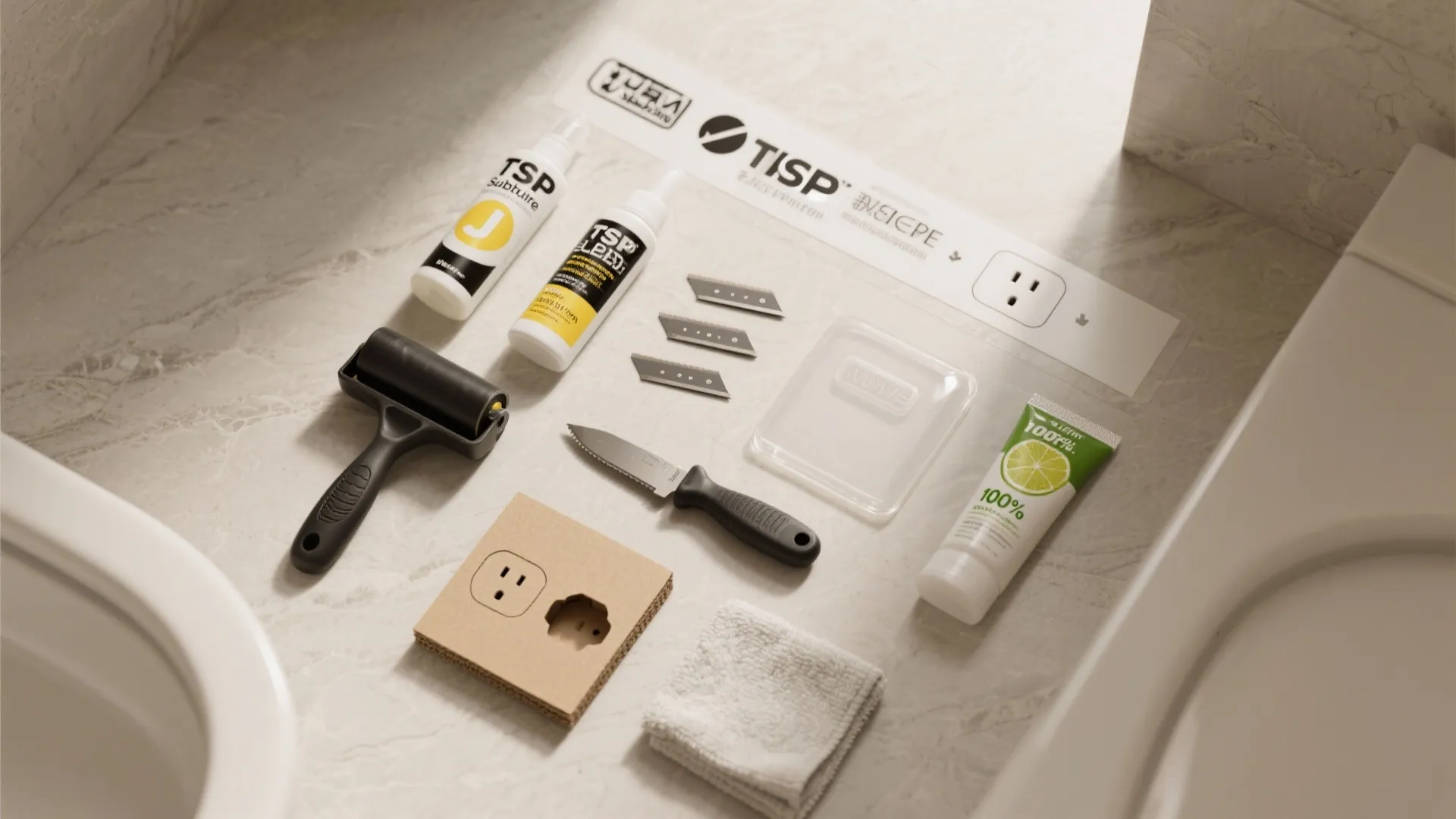 Tools for home renovation including roller knife cleaning cloth and wall outlet template on marble surface