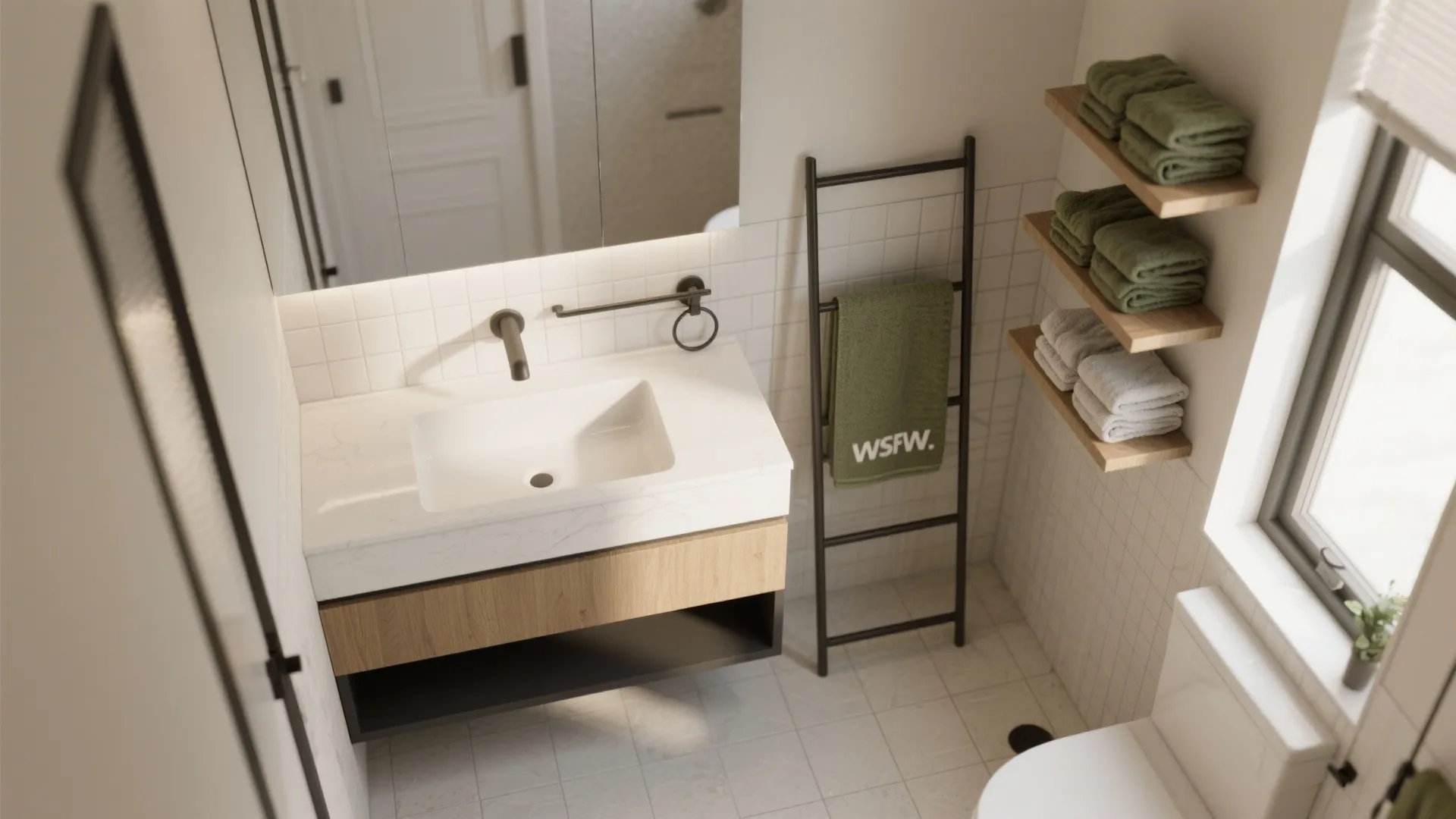 Top-down view of a small bathroom layout showing towel placements and clearances.