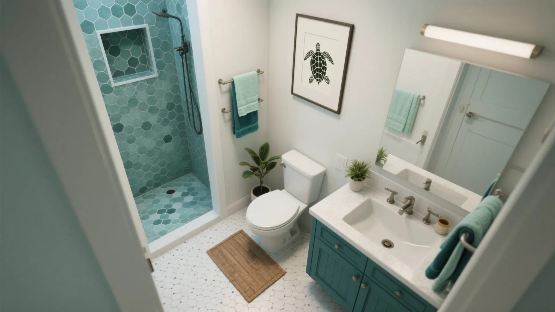 Top-down view of a compact bathroom plan with teal accents, hex tile, teak mat, and a single turtle art piece.