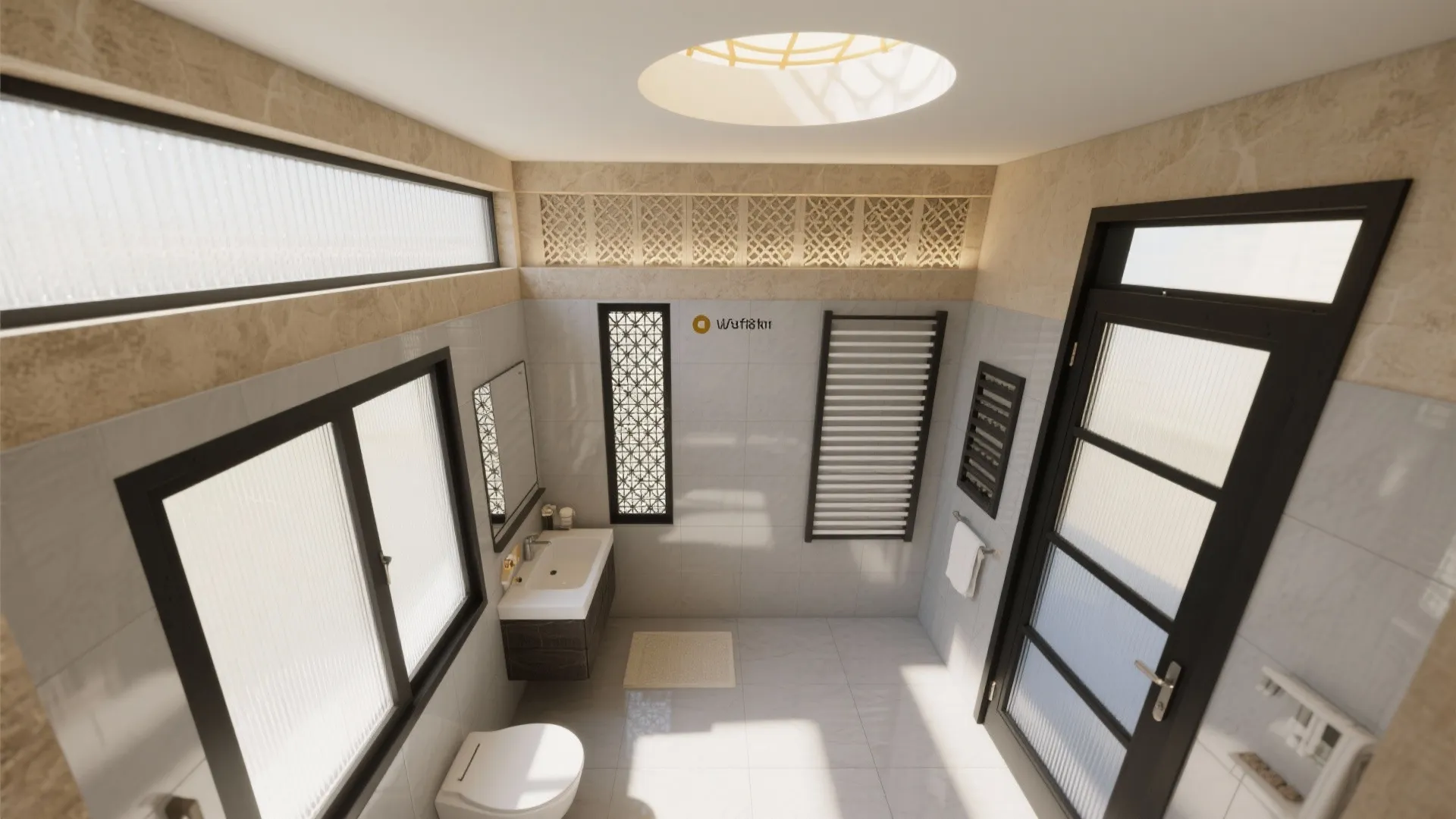 Interior design drawing of bathroom with skylight, toilet, sink, door, windows and decorative wall pattern