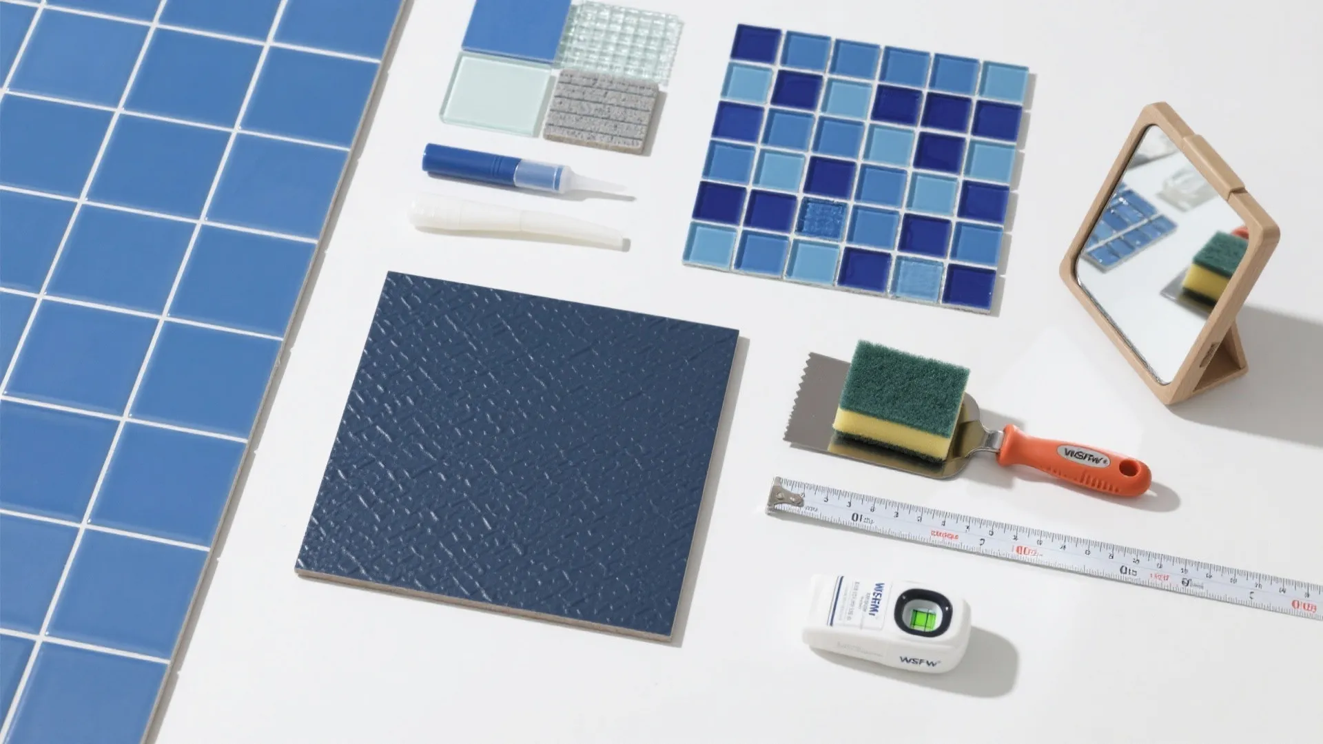 Blue floor tiles with various renovation tools including a ruler sponge mirror and small spirit level