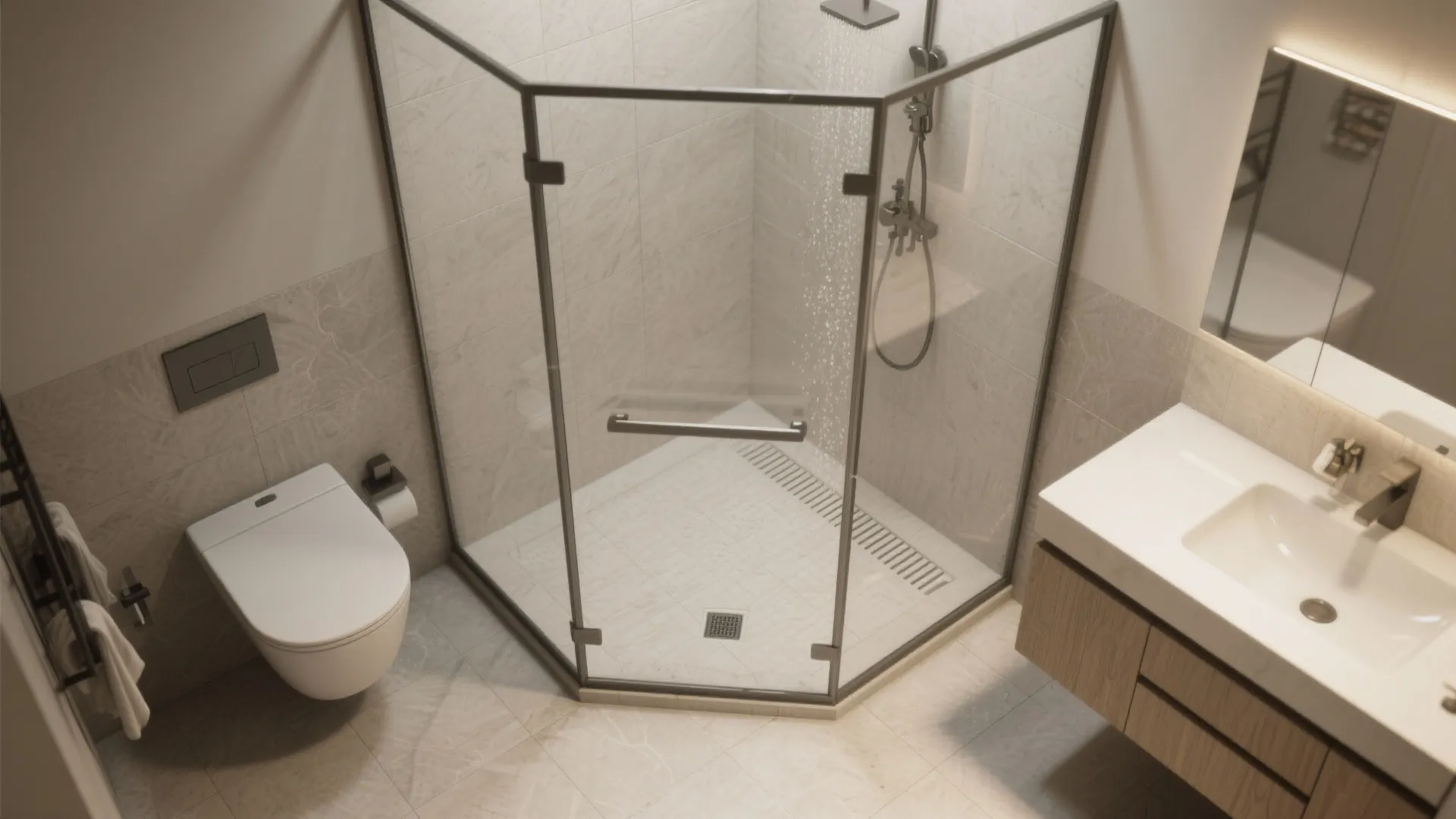 Small bathroom layout with glass corner shower white toilet wood cabinet sink and grey tiles