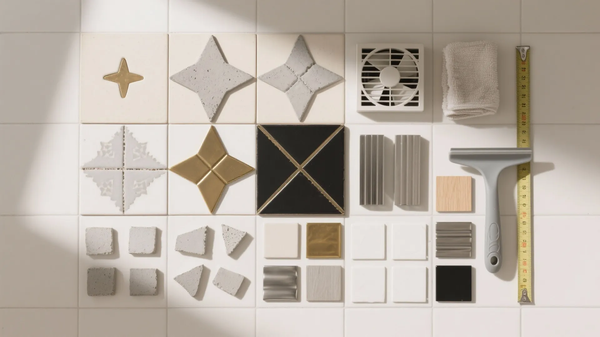 Top-down flat lay of Moroccan tile samples, grout swatches, metal finishes, and ventilation elements for bathroom planning.